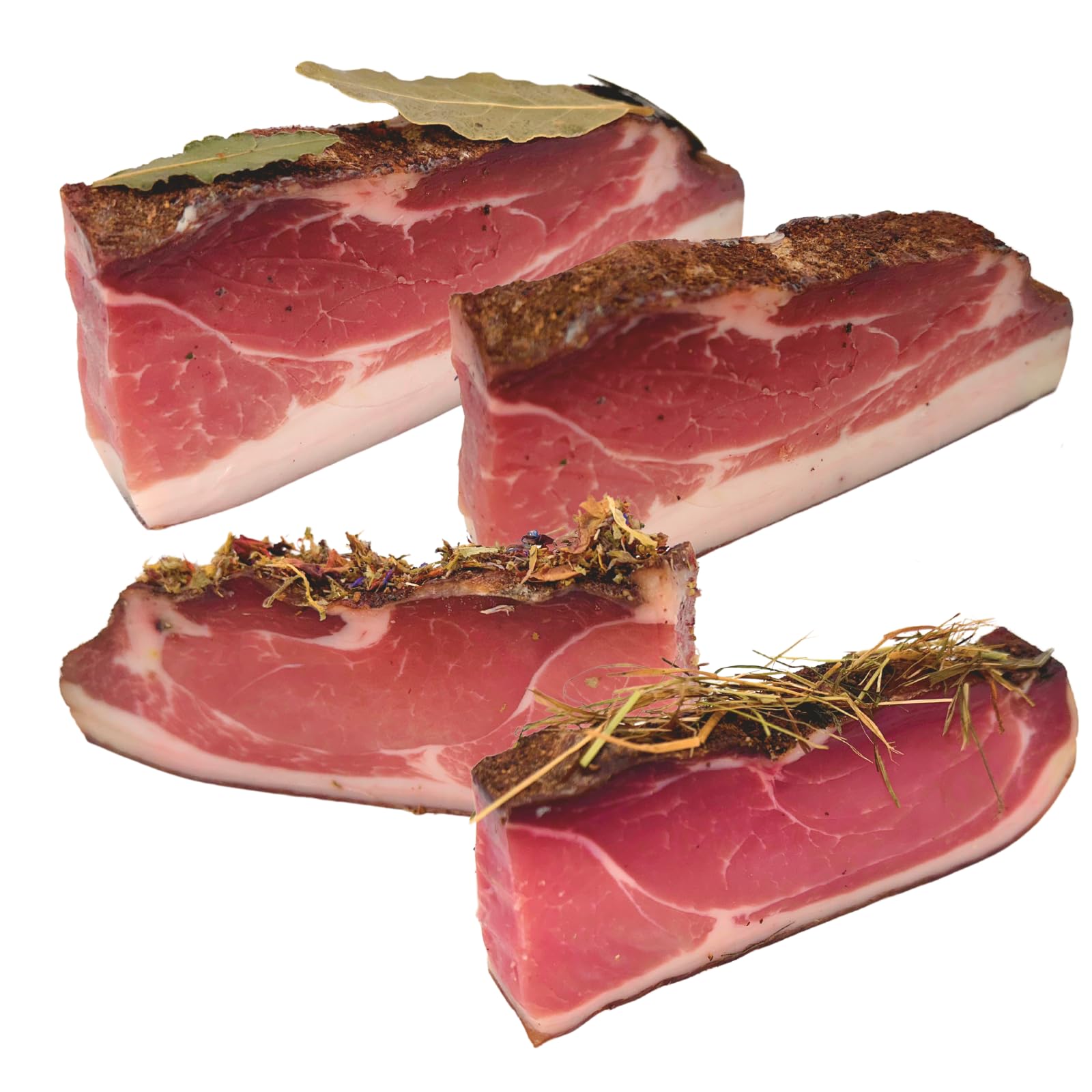 BAVAREGOLA Südtiroler Speck Set - 4 Stücke á 200g - g.g.A. Speck, Heuspeck, Lorber Speck & Bergblumenspeck - Original Südtiroler Speck Spezialität - Schinkenspeck geräuchert & luftgetrocknet 4er Speck Set Angebot bei HelloDeals