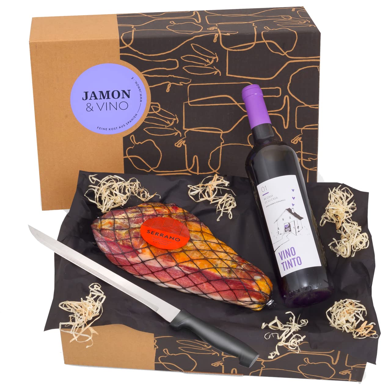 Delikatessen-Präsentkorb "Jamón & Vino" mit Serrano-Schinken & Rotwein aus Spanien - Inklusive Schinkenmesser - Geschenkfertig verpackt in der spanischen Geschenk-Box - von jamon.de Angebot bei HelloDeals