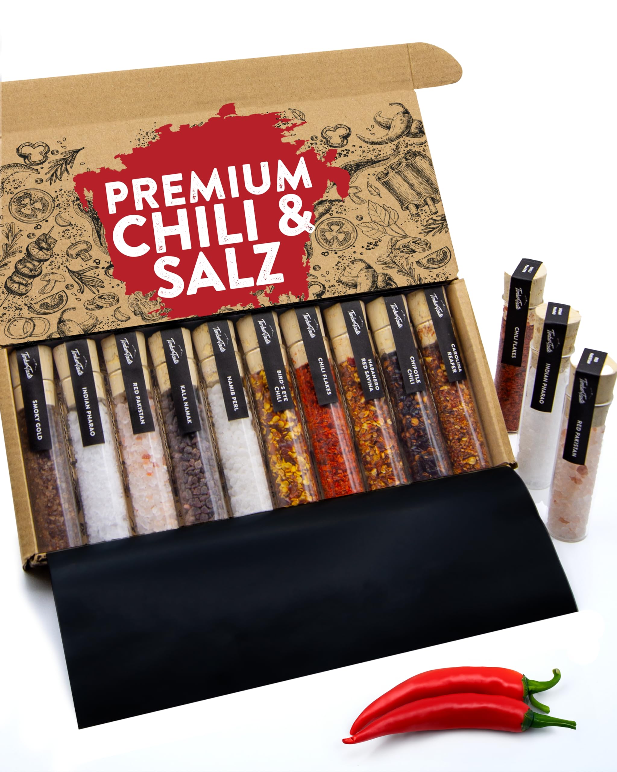 TIMBER TASTE® Scharfes Salz & Chili Gewürze Geschenkset [BIS 950.000 SCOVILLE] - Erlesene Salze & Chilli Gewürze aus aller Welt - Besonderes Gewürz Geschenk für Männer & Frauen - 10er Set Salz & Chili - Geschenkset Angebot bei HelloDeals