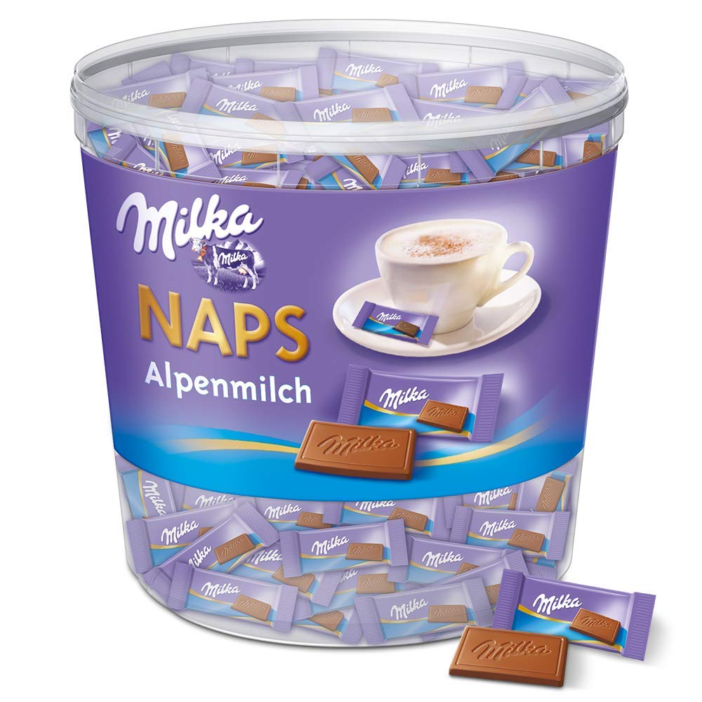Milka Naps Alpenmilch 1 x 1kg, Zartschmelzende Mini-Schokoladentäfelchen aus feiner Alpenmilchschokolade, Dose Angebot bei HelloDeals