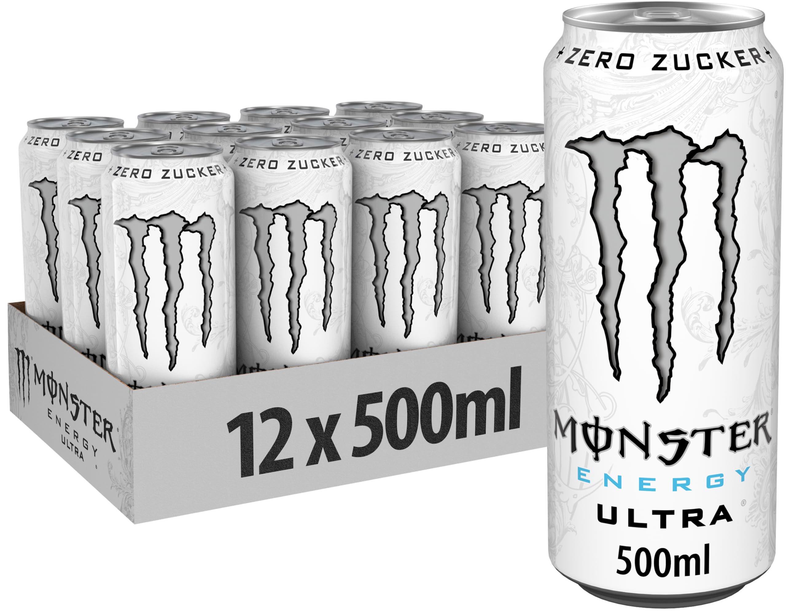 Monster Energy Ultra White - koffeinhaltiger Energy Drink mit sanftem Zitrus-Geschmack - ohne Zucker und ohne Kalorien - in praktischen Einweg Dosen (12 x 500 ml) Angebot bei HelloDeals