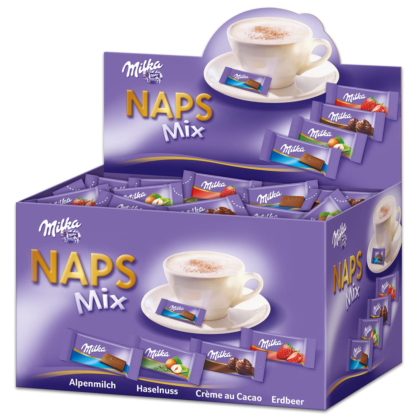Milka Naps Mix, 355 Naps, 1,702 kg, Mini-Schokoladentäfelchen aus Alpenmilch, Erdbeer, Haselnuss und Crème au Cacao Angebot bei HelloDeals
