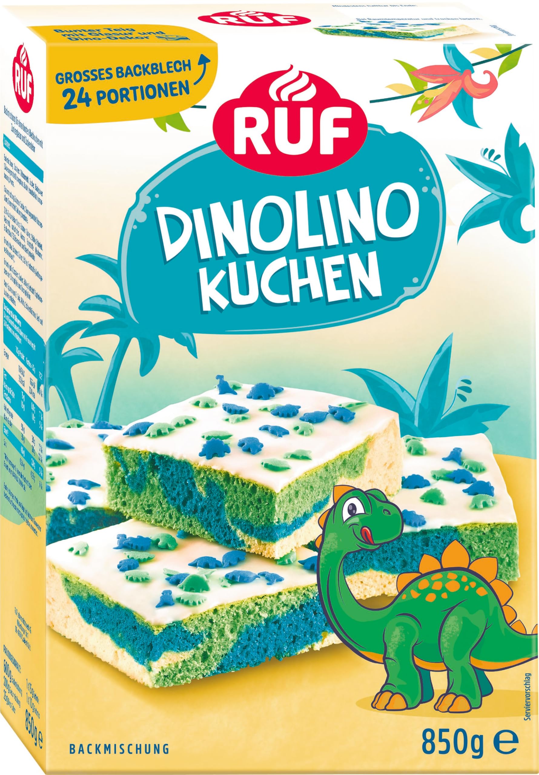 RUF Dinolino Kuchen, dreifarbiger Blechkuchen Zitronen-Geschmack mit Zuckerglasur und bunten Dino-Streuseln, perfekt für Kindergeburtstage und Babyshower-Partys, 850g Dinokuchen 850 g (1er Pack) Angebot bei HelloDeals