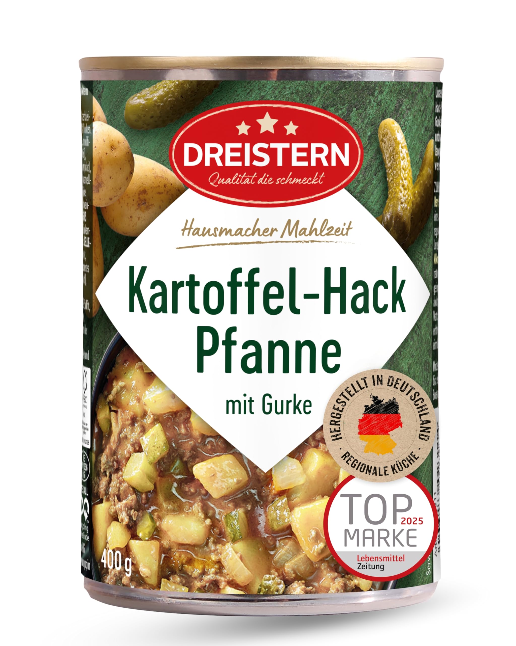 DREISTERN Kartoffelpfanne 400g I Mit Gehacktem & Gurke I Herzhaftes Fertiggericht in recyclebarer Konservendose I Lange Haltbarkeit dank natürlicher Konservierung I Hausmacher Qualität 400 g (1er Pack) Angebot bei HelloDeals