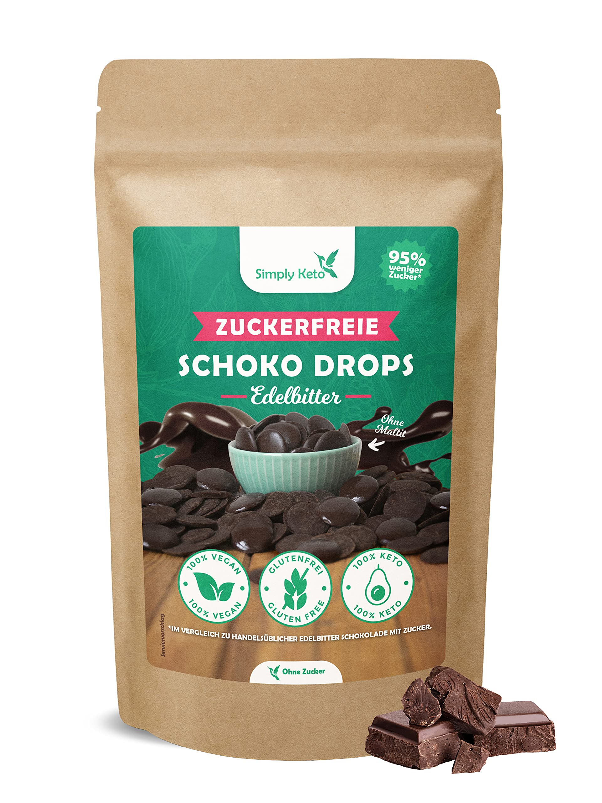 Simply Keto Lower Carb* Schokodrops Zuckerfrei (200g) - Edelbitter Schoko Drops zum Naschen oder Backen - Vegan & gesüßt mit Erythrit statt Zucker - Ideal für Low-Carb & Ketogene Ernährung Edelbitter 200 g (1er Pack) Angebot bei HelloDeals
