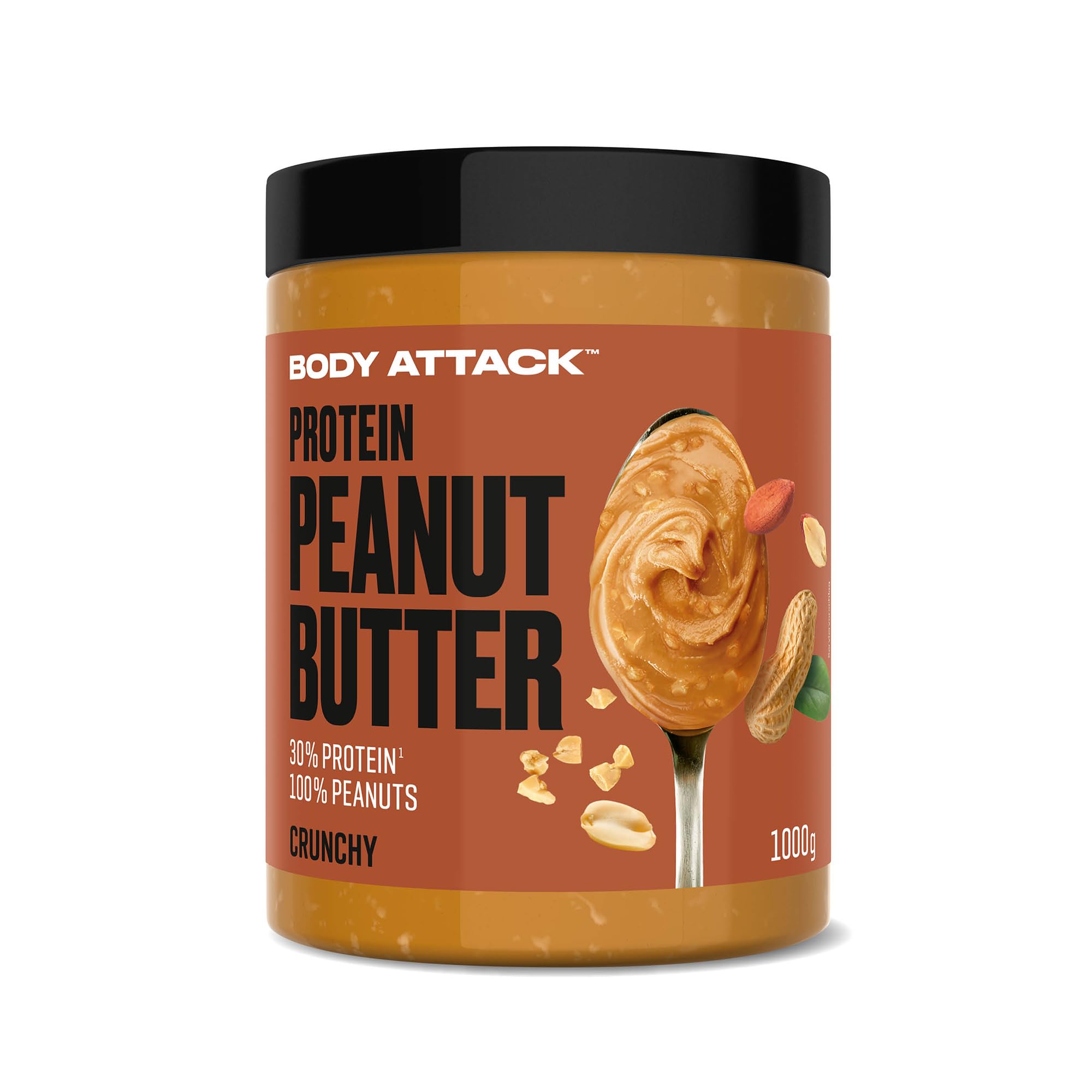 Body Attack Peanut Butter Crunchy, 1kg - Erdnussbutter mit Stückchen, 30% Protein ohne Zuckerzusatz, vegan, ohne palmöl Crunchy 1 kg (1er Pack) Angebot bei HelloDeals
