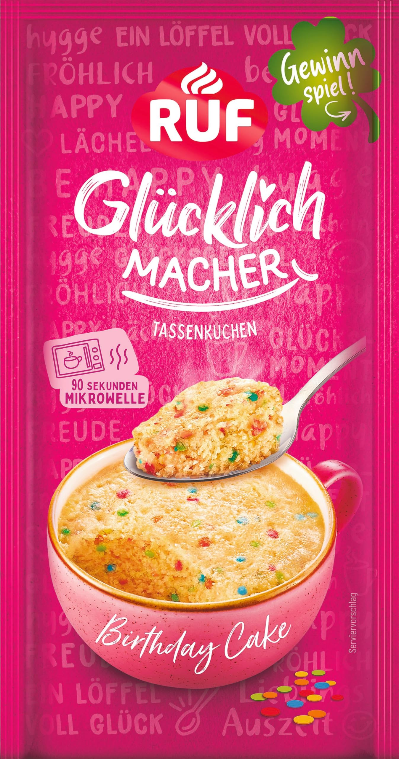 RUF Glücklichmacher Tassenkuchen Birthday Cake, aromatisch-süßer Kuchen mit bunten Konfettis, in 90 Sekunden fertig, einfach mit Milch anrühren, 1 Portion Angebot bei HelloDeals