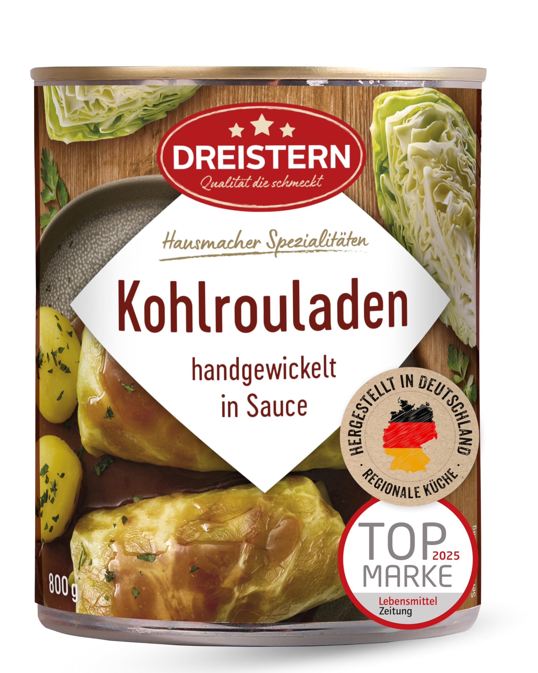 DREISTERN Kohlrouladen 800g I Mit würziger Fleischfüllung in Sauce I Herzhaftes Fertiggericht in recyclebarer Konservendose I Lange Haltbarkeit dank natürlicher Konservierung I Hausmacher Qualität 800 g (1er Pack) Kohlrouladen Angebot bei HelloDeals