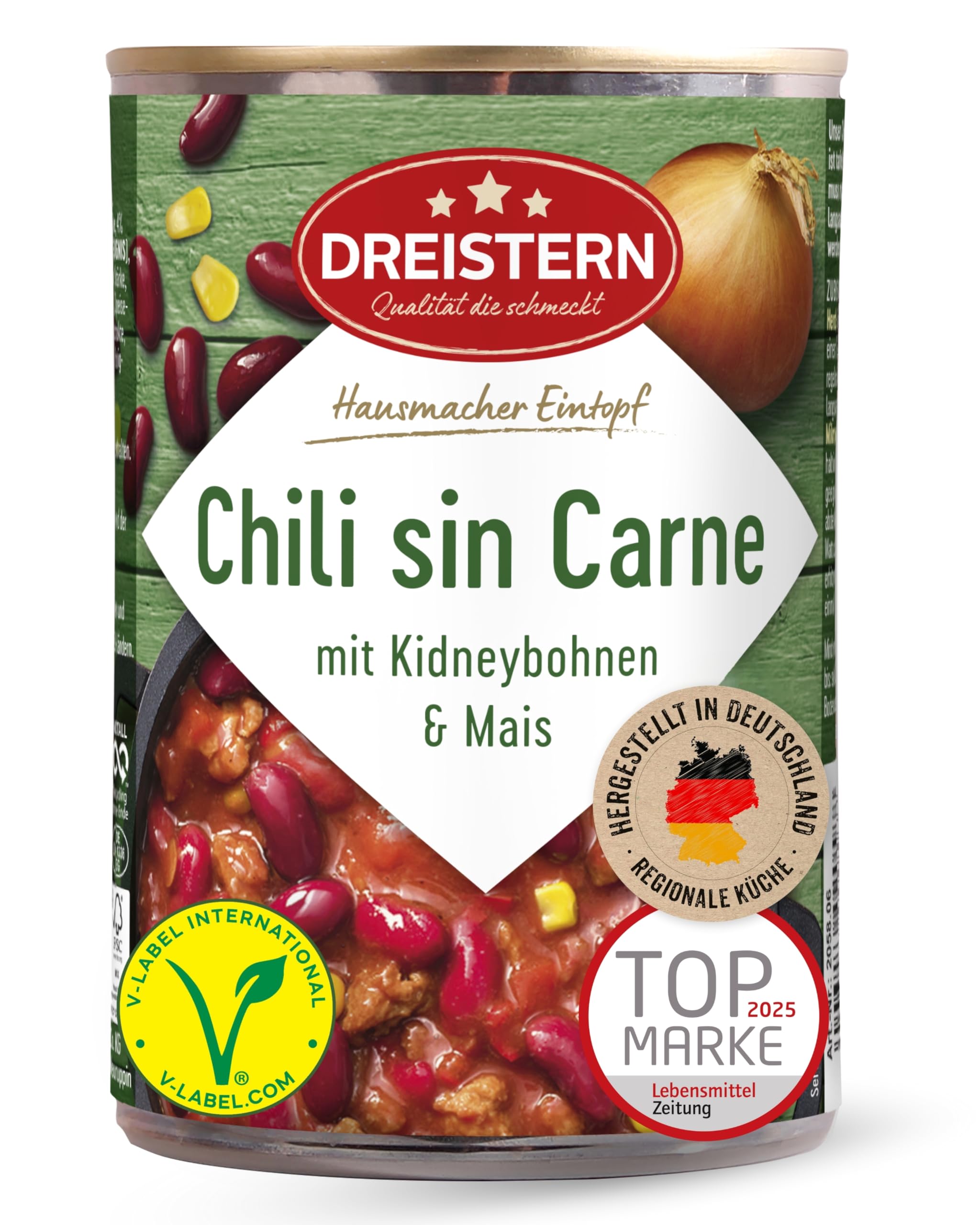 DREISTERN Chili sin Carne 400g I Veganer Eintopf mit Kidneybohnen & Mais I High-Protein mit hochwertigen Nährwerten I Lange Haltbarkeit & ohne zugesetzte Konservierungsstoffe I Hausmacher Qualität 400 g (1er Pack) Chili sin Carne Angebot bei HelloDeals