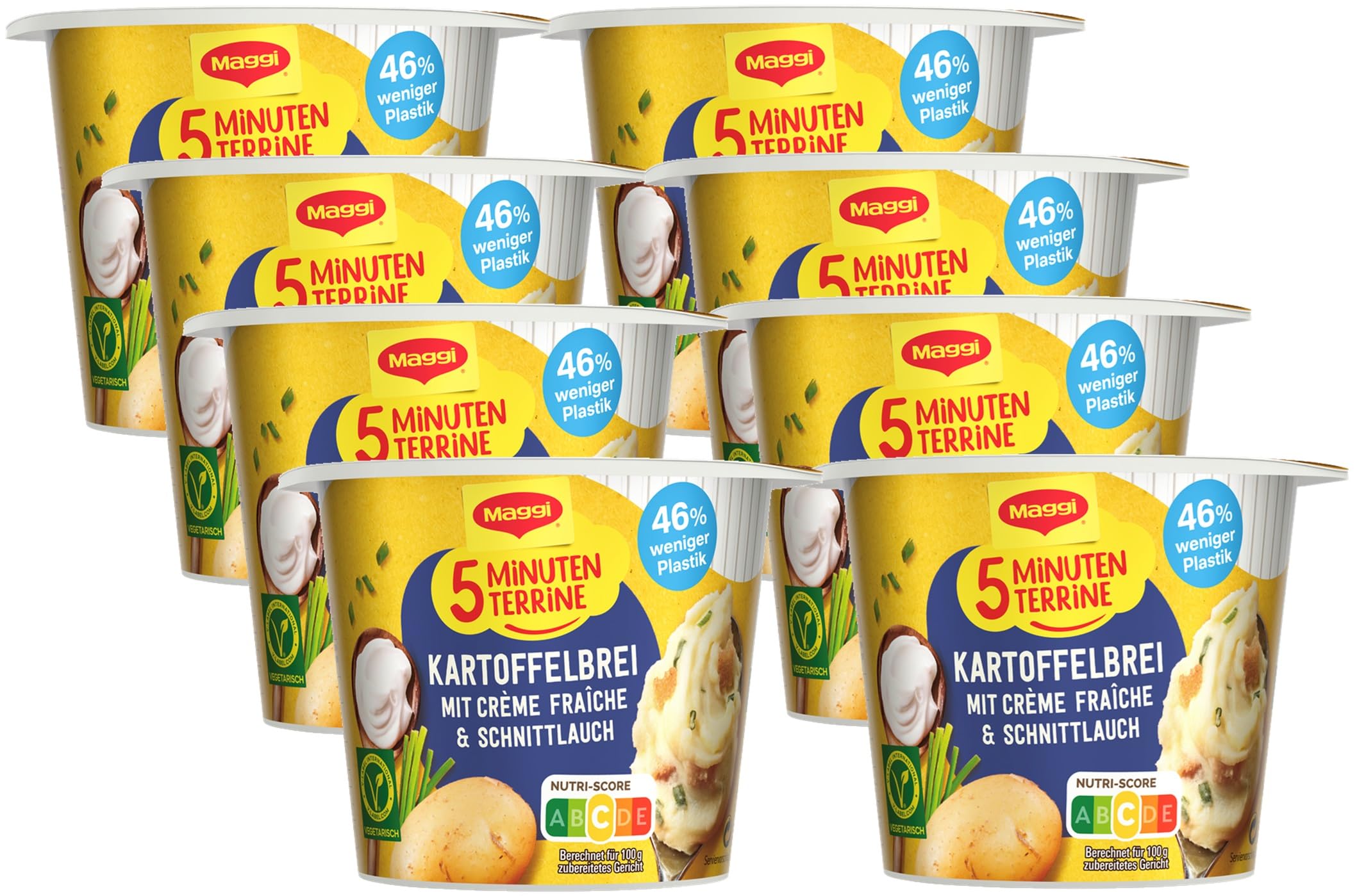 MAGGI 5 Minuten Terrine Kartoffelbrei mit Creme fraiche, leckeres Fertiggericht, Instant Kartoffel-Püree, Kartoffel-Snack, 8er Pack (8 x 53g) Angebot bei HelloDeals