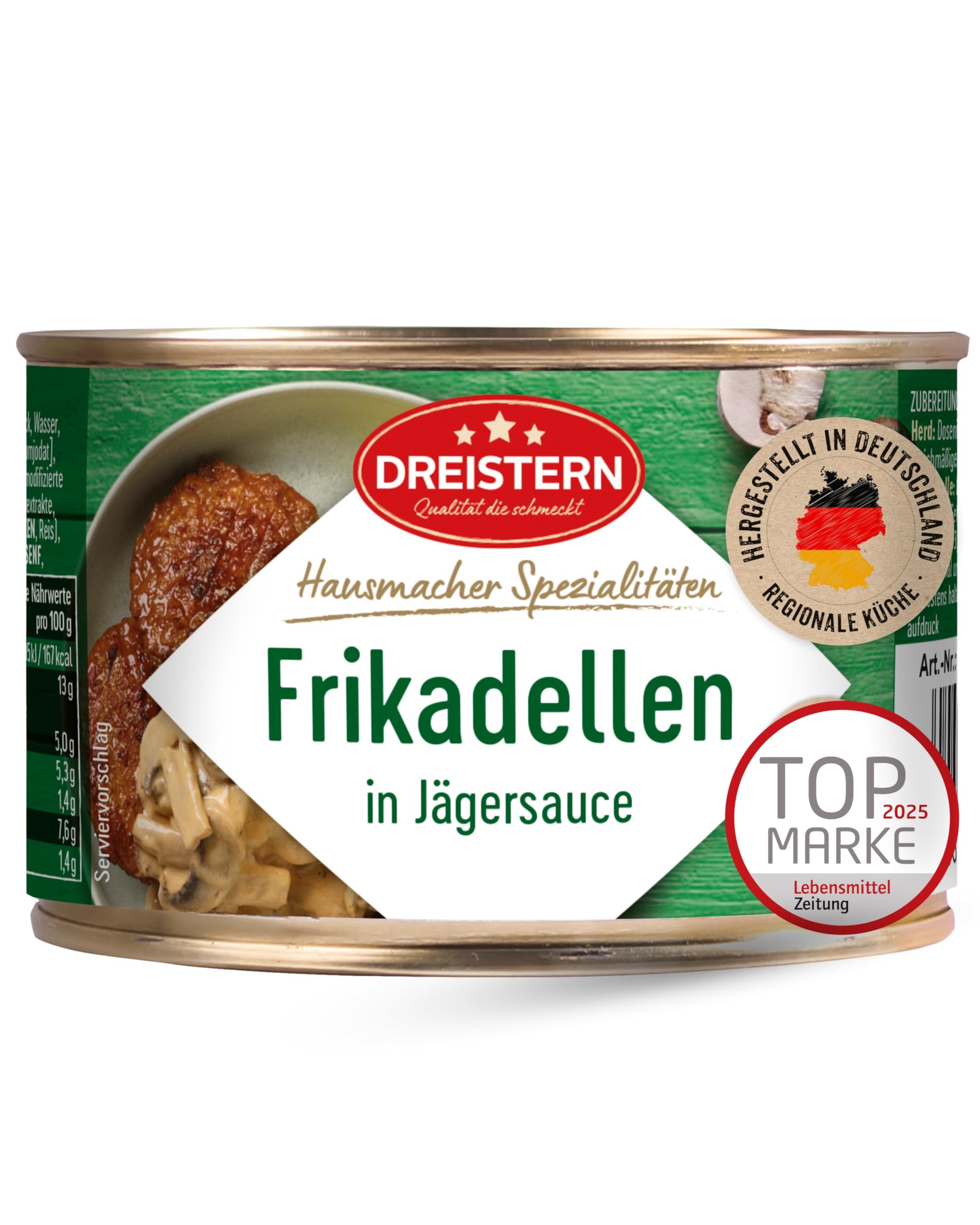 DREISTERN Frikadellen 400g I Mit Jägersauce I Herzhaftes Fertiggericht in recyclebarer Konservendose I Lange Haltbarkeit dank natürlicher Konservierung I Hausmacher Qualität 400 g (1er Pack) Angebot bei HelloDeals