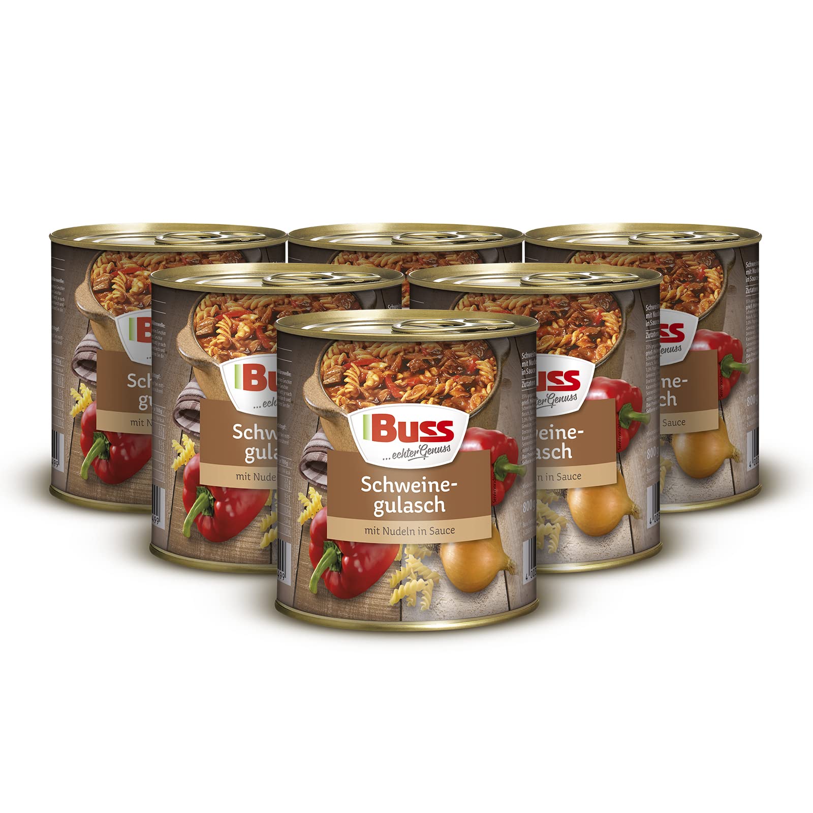 Buss Rustikale Gerichte - Gulasch vom Schwein mit Nudeln und Paprika - Lang haltbare Fertiggerichte zum schnellen Aufwärmen in Mikrowelle & Topf - 6 x 800g Schweinegulasch Angebot bei HelloDeals