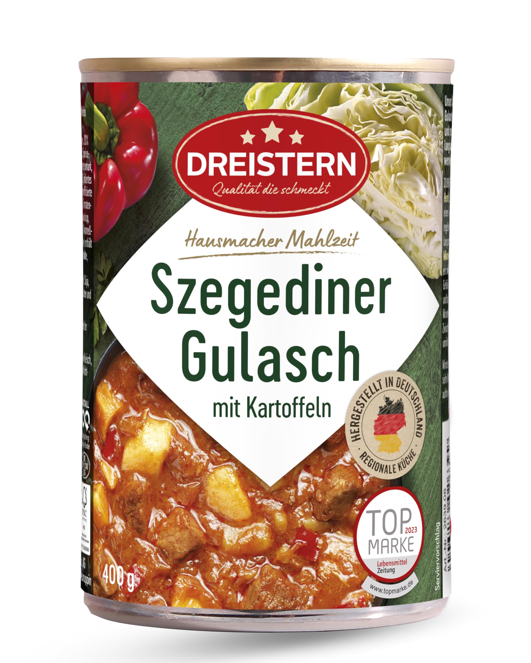 DREISTERN Szegediner Gulasch 400g I Mit Kartoffeln & Sauerkraut I Herzhaftes Fertiggericht in recyclebarer Konservendose I Lange Haltbarkeit dank natürlicher Konservierung I Hausmacher Qualität Angebot bei HelloDeals