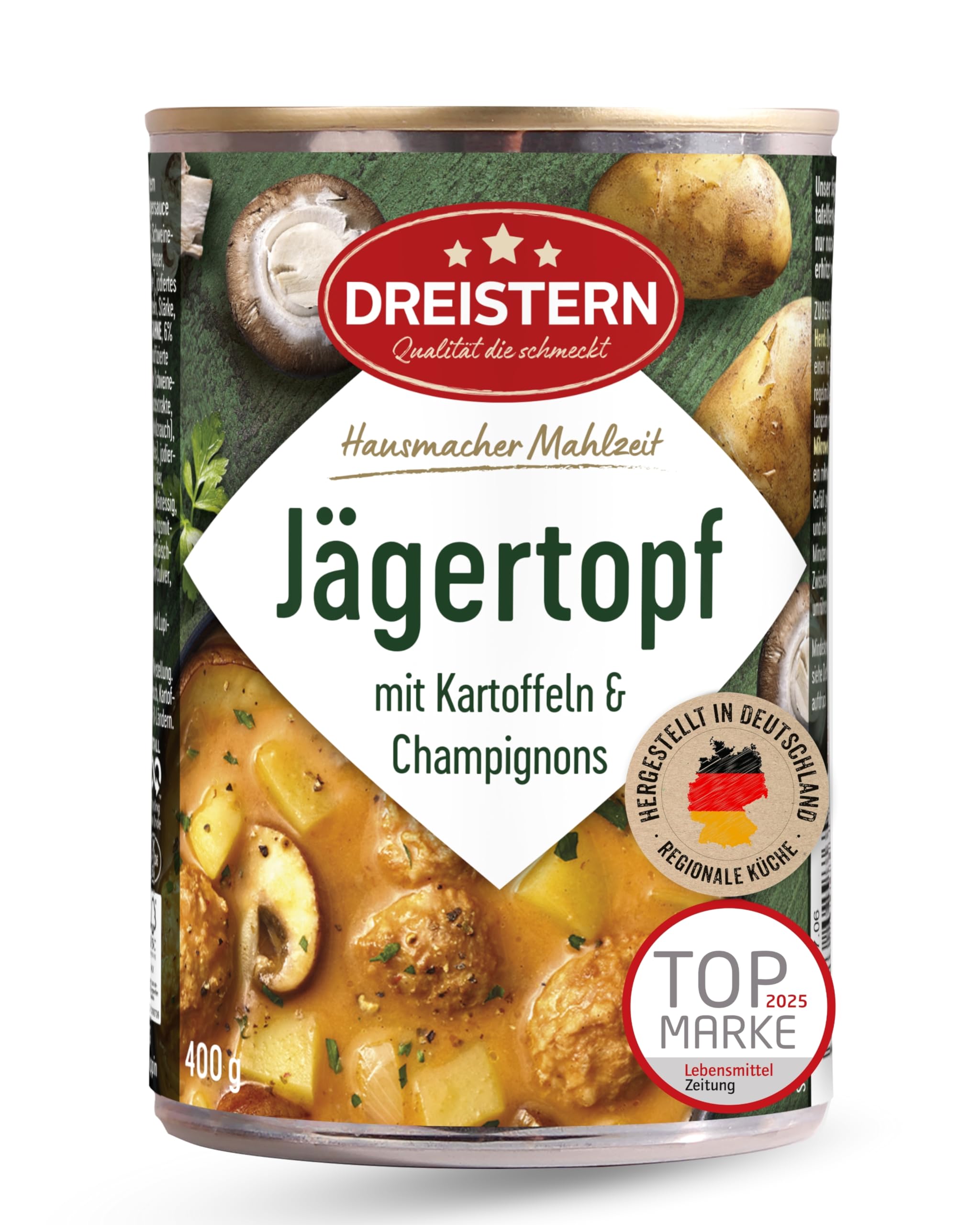 DREISTERN Jägertopf 400g I Mit Kartoffeln & Champignons I Herzhaftes Fertiggericht in recyclebarer Konservendose I Lange Haltbarkeit dank natürlicher Konservierung I Hausmacher Qualität Angebot bei HelloDeals
