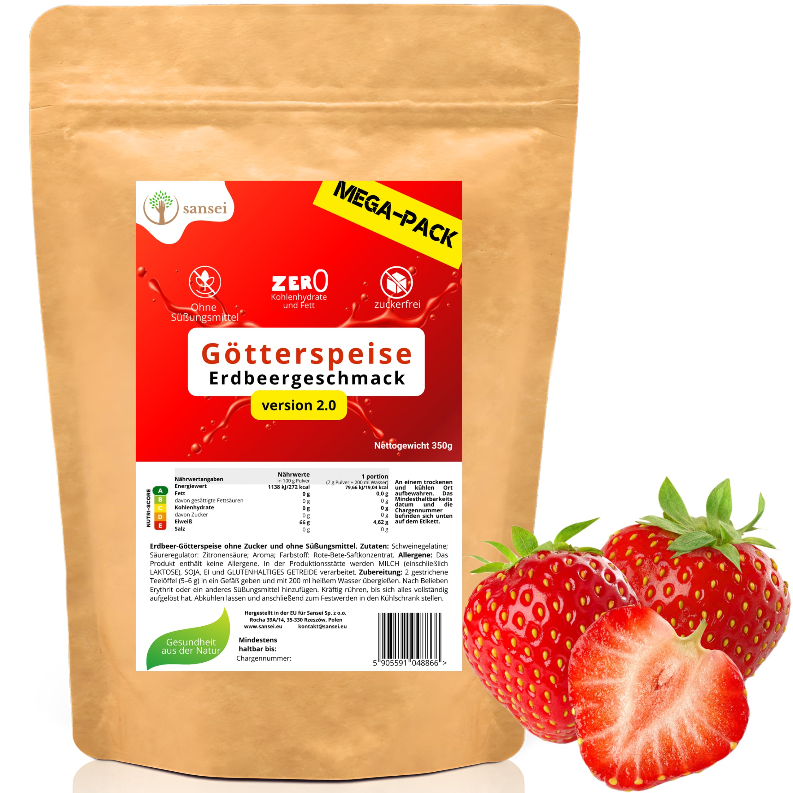Zuckerfreie Götterspeise – Ohne Zucker & Süßungsmittel – Low Carb Dessert – 1 Portion (7 g) – Kalorienarm (Erdbeere) Angebot bei HelloDeals