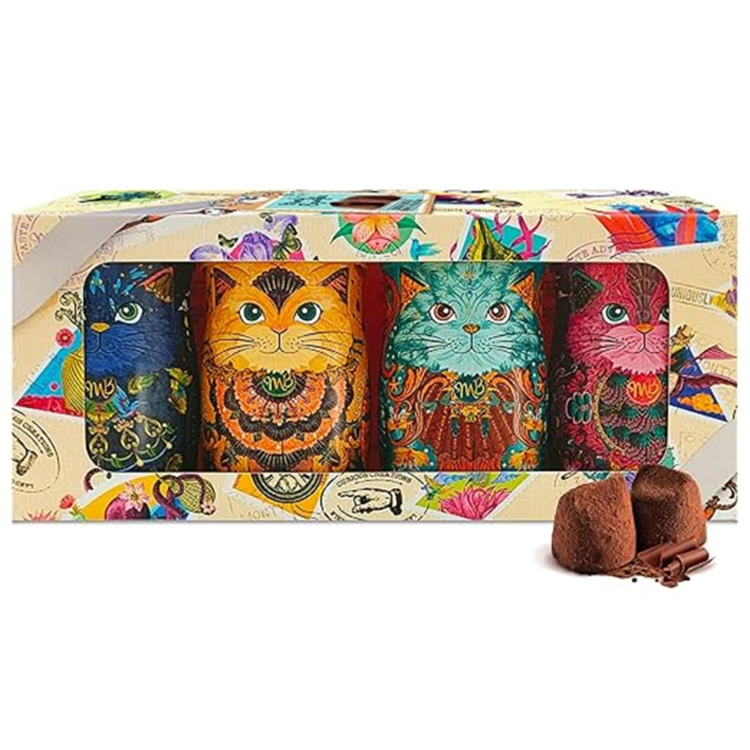 Monty Bojangles Kit-Tins Schokoladentrüffel (4 x 36g) Truffle Pralinen mit Kakao bestäubt Pralinen, Schokolade Sammlerdose mit Katzen-Design, Geschenkset mit vier Geschmacksrichtungen 4 x Kit Tins Angebot bei HelloDeals