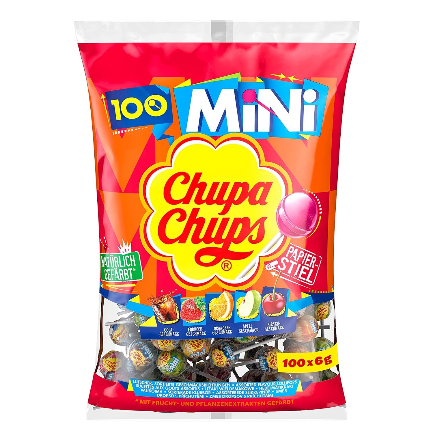 Chupa Chups Mini Classic Lutscher-Beutel, enthält 100 Mini-Lollis, Cola, Orange, Erdbeere, Apfel und Kirsche, geeignet für Geburtstag, 100 x 6g 100 Stück (1er Pack) Angebot bei HelloDeals