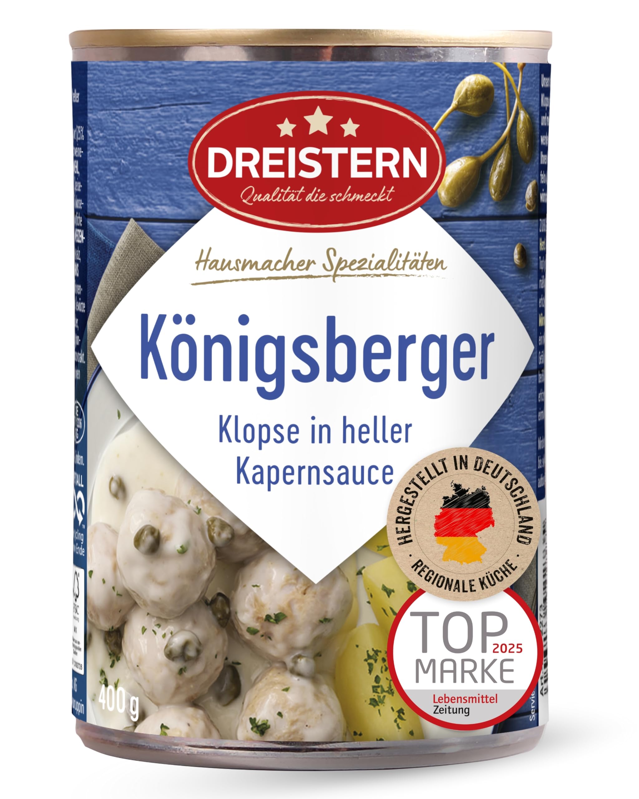 DREISTERN Königsberger Klopse 400g I 4 Klopse in heller Kapernsauce I Herzhaftes Fertiggericht in recyclebarer Konservendose I Lange Haltbarkeit dank natürlicher Konservierung I Hausmacher Qualität 400 g (1er Pack) Angebot bei HelloDeals