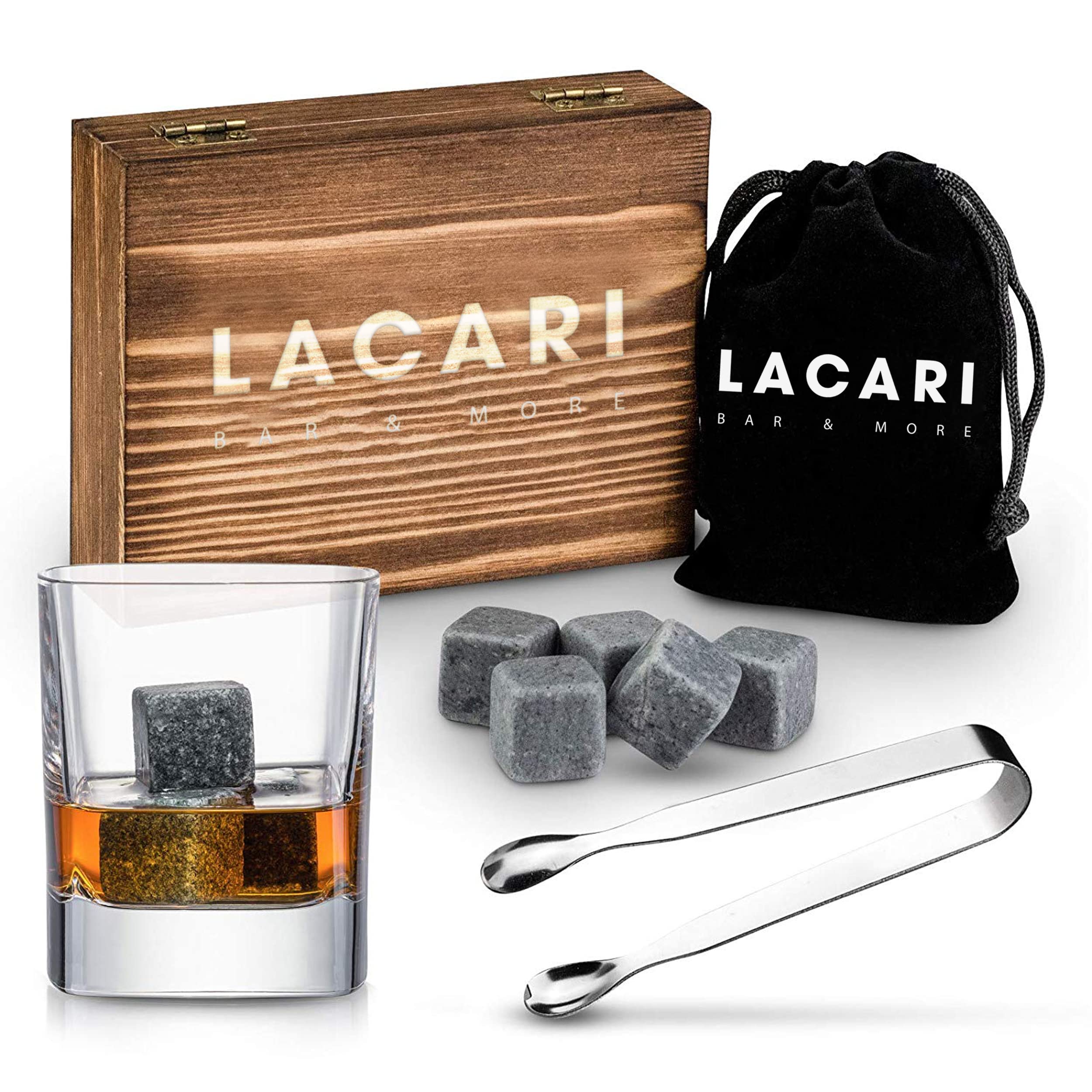 Whisky Steine | 9X Wiederverwendbare Eiswürfel | Lacari ORIGINAL Whiskey Steine | Whisky Geschenkset mit Holzbox, Zange & Stoffbeutel | Kein Verwässern für Whiskey, Rum, Gin | Geschenk Geburtstag Angebot bei HelloDeals