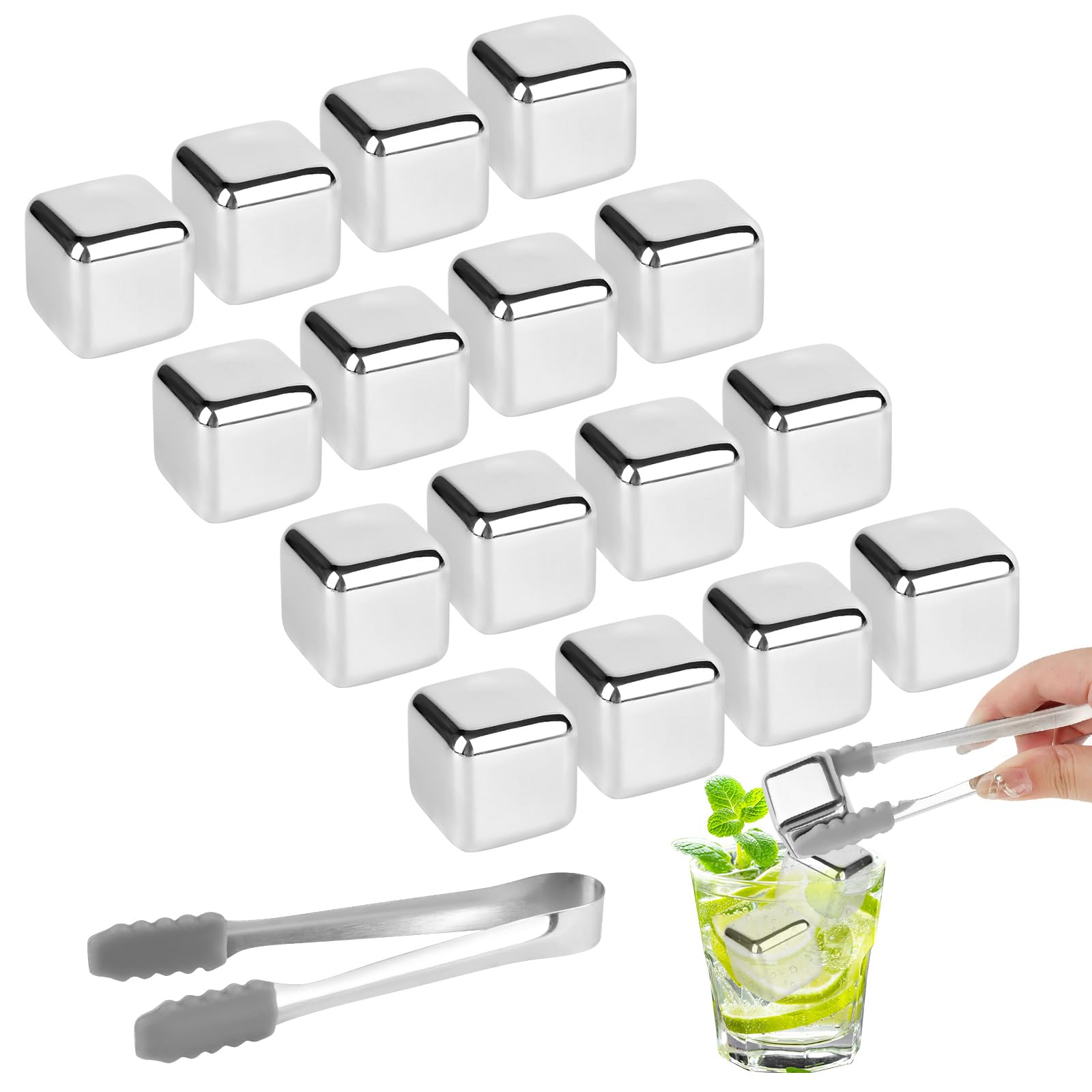 VFANDV Eiswürfel Edelstahl, 16 Stück 304 Edelstahl Eiswürfel Wiederverwendbar Whisky Steine +Clips, Eingefroren Eiswürfel Für Wein, Wodka, Likör, Getränkesaft oder Limonade Angebot bei HelloDeals