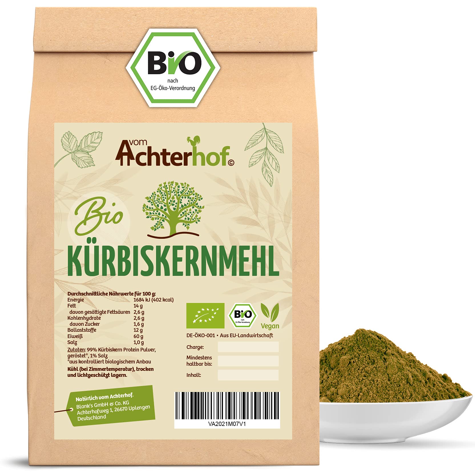Kürbiskernmehl Bio 1000g | mit 60% Proteingehalt | pflanzliche Eiweißquelle | Proteingehalt von 60g Eiweiß pro 100g | höchste Bioqualität | für süße als auch herzhafte Speisen | vom Achterhof Angebot bei HelloDeals