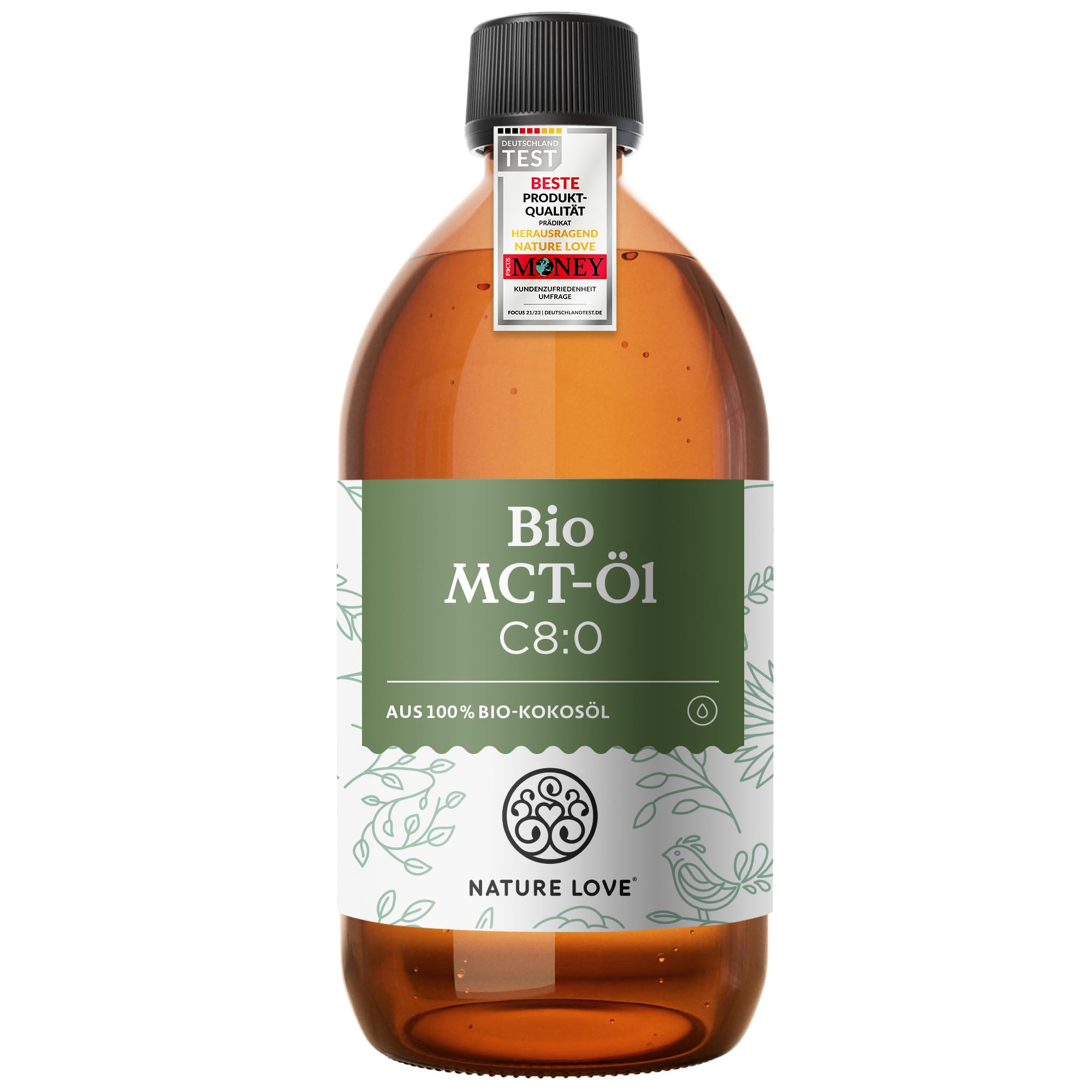 NATURE LOVE® Bio MCT-Öl C8 – 500ml für deine Keto Diät – aus 100% Bio-Kokosöl – für Ketogene Ernährung - geschmacks- und geruchsneutral – exogene Ketone – vegan 1er Pack Angebot bei HelloDeals