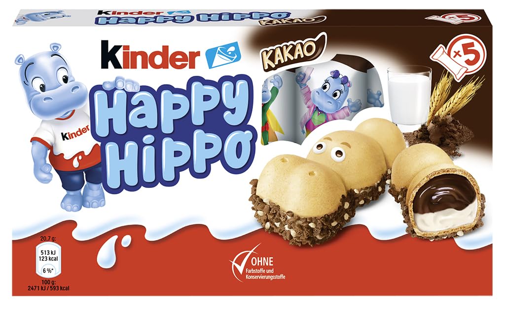 kinder Happy Hippo Kakao – Knusprige Waffelspezialität mit Milch- und Kakaocreme – 1 Packung mit je 5 Einzelriegeln à 20,7g 5 Riegel Kakao Angebot bei HelloDeals