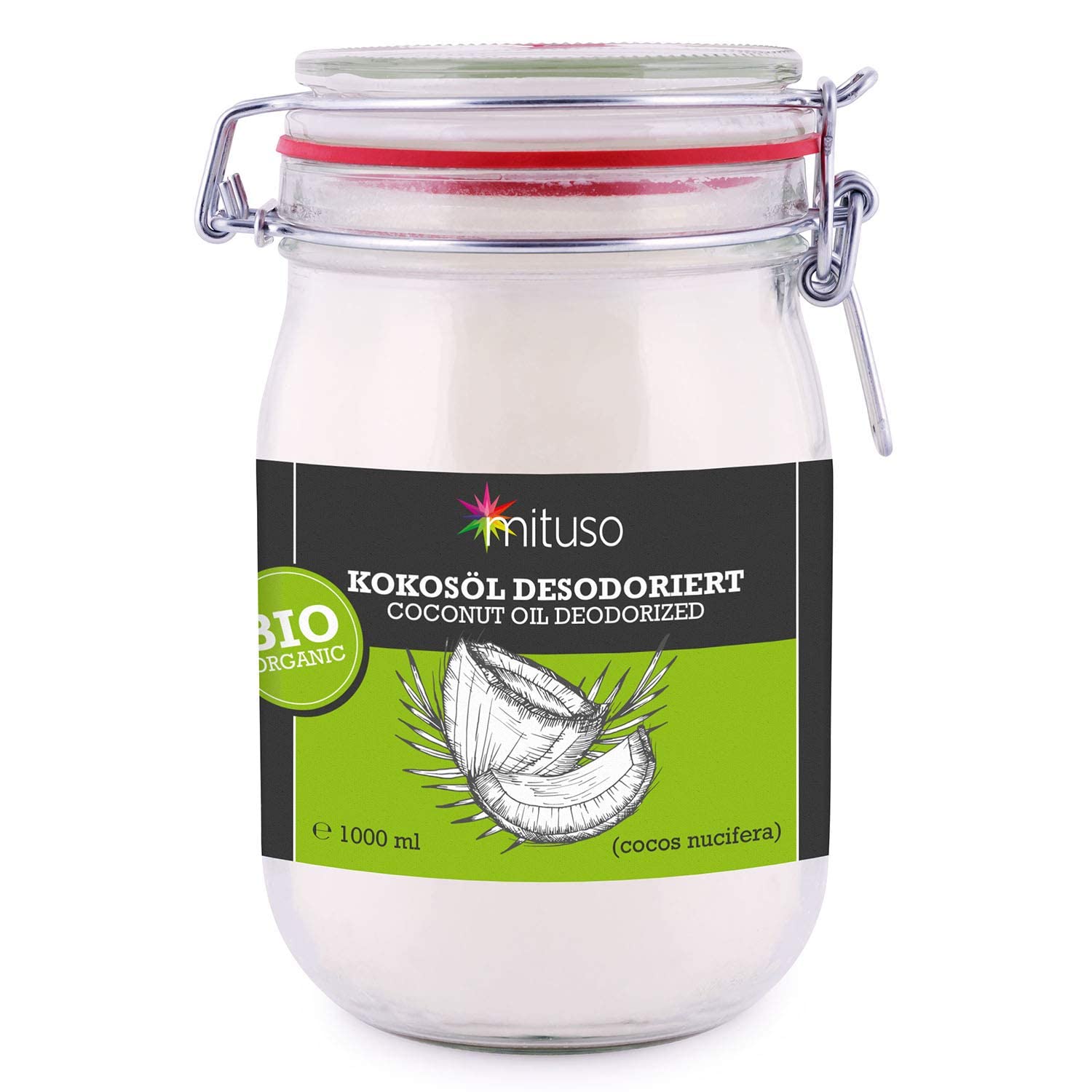 mituso Bio Kokosöl desodoriert 1 Liter | Geschmacksneutral - Ideal zum Braten, Backen, Frittieren | vegan, ohne Zusätze - Vielseitig für Haut & Haar | im Drahtbügelglas Geschmacksneutral 1000 ml (1er Pack) Angebot bei HelloDeals