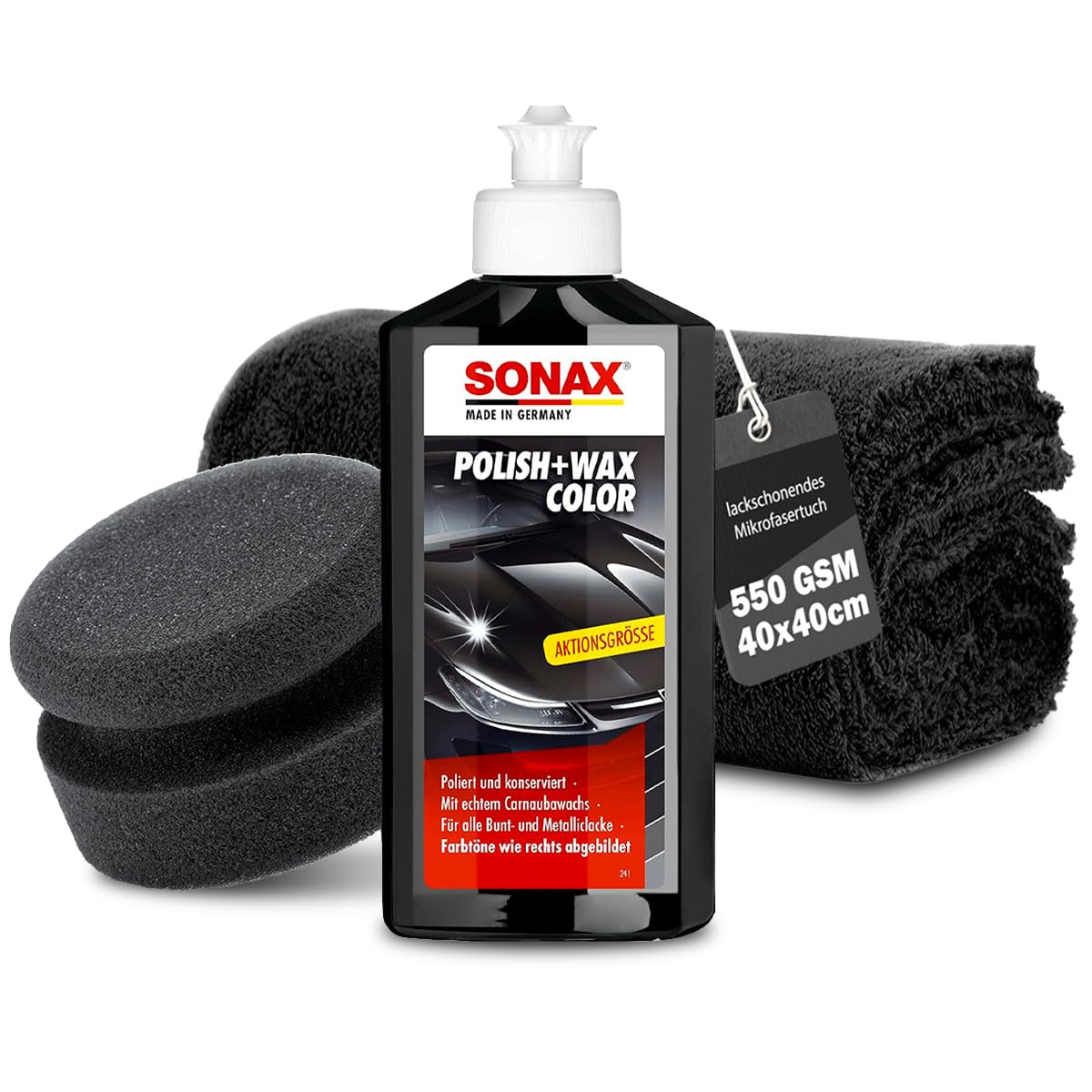 Auto Politur Set | Sonax Polish & Wax Color Schwarz 250ml Autopolitur + Polierschwamm + Poliertuch | Polierpaste für dunkle Metalliclacke zur Entfernung kleiner Kratzer | Polierset Angebot bei HelloDeals