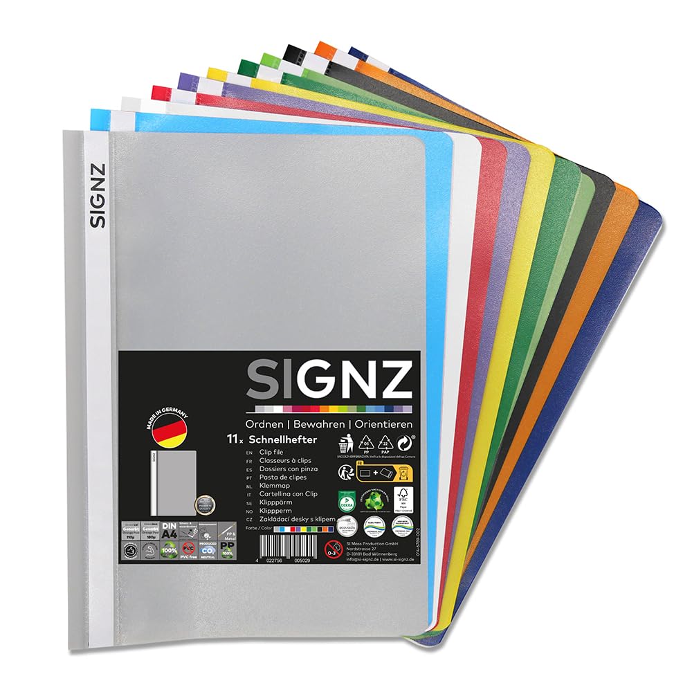 SIGNZ Schnellhefter DIN A4, stabil, 11 Stück, 11 Farben, transparenter Deckel, CO2-neutral hergestellt, aus recycelbarem Kunststoff (PP), FSC Mix 70%, made in Germany Angebot bei HelloDeals