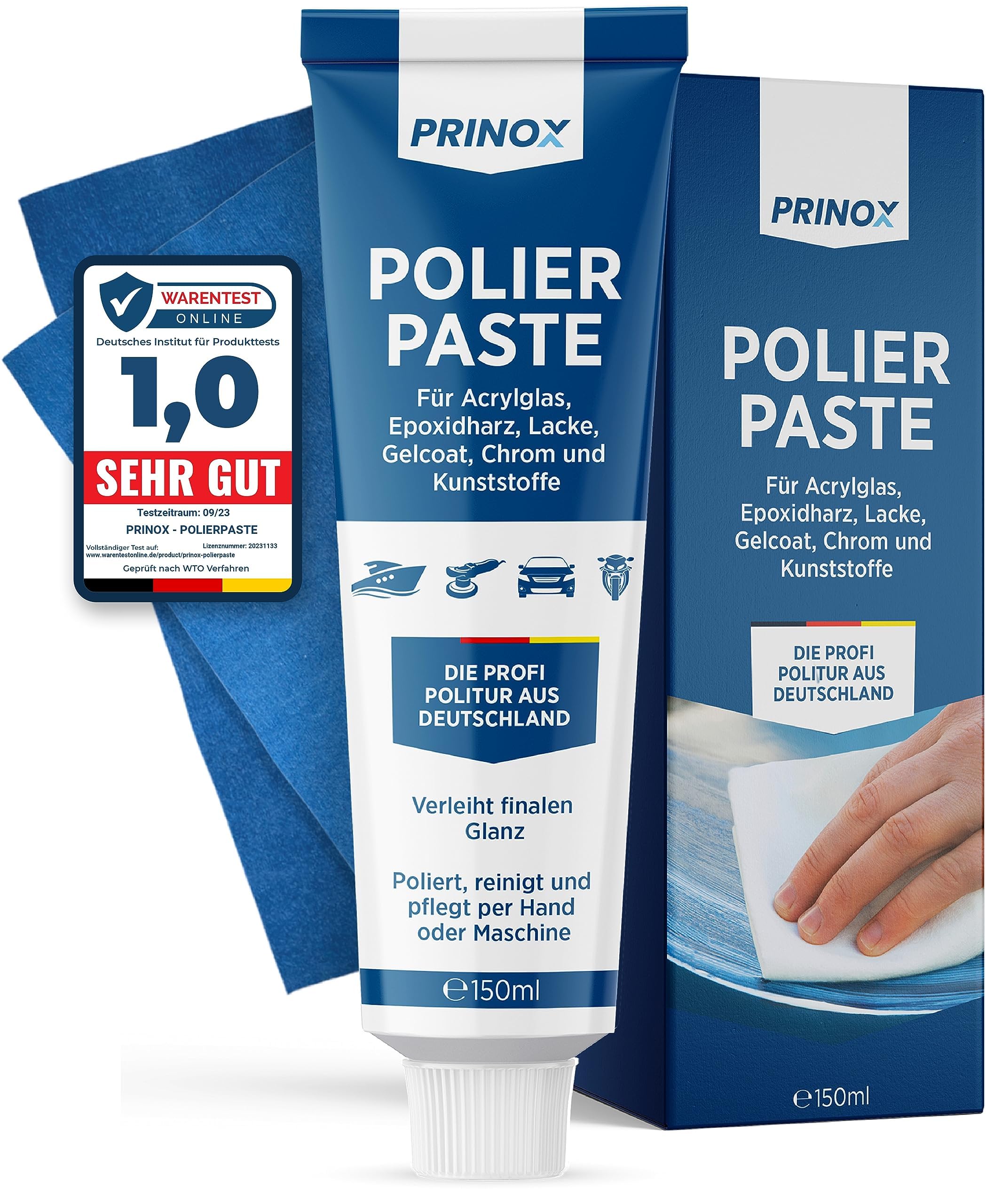 PRINOX 150ml Polierpaste inkl. Profi Poliertuch I Politur für Acrylglas, Epoxidharz, Lacke, Gelcoat gfk, Chrom & Kunststoffe I Entfernt Mattierungen & Mikro Kratzer 150 ml Angebot bei HelloDeals