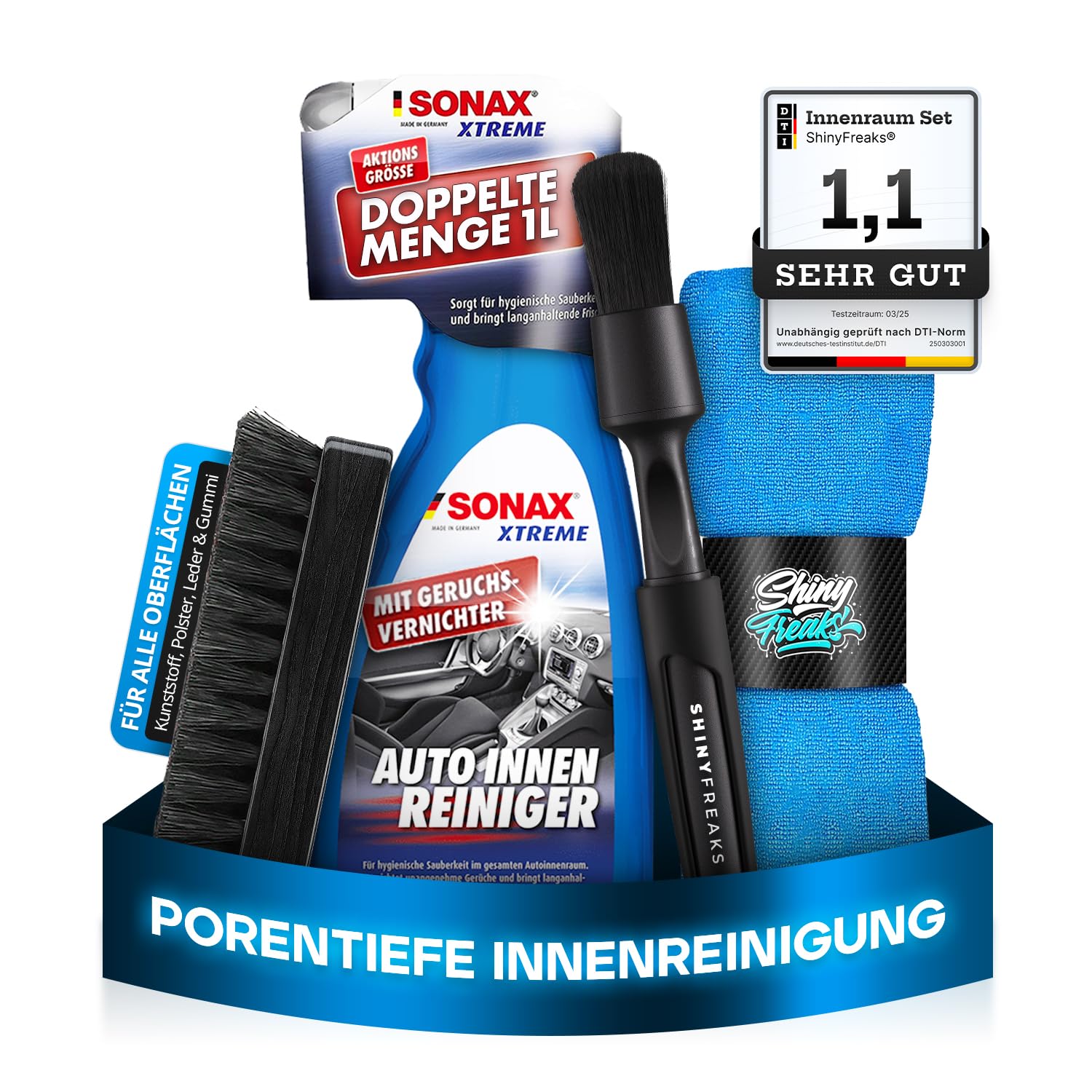 SONAX XTREME (1L) Innenraumreiniger Auto + Bürste + chemicalworkz Pinsel + Shiny Freaks Mikrofasertuch - Auto Innenraum Reiniger, Kunststoff, Polster, Leder, Cockpitpflege, Auto Reinigungsset Angebot bei HelloDeals
