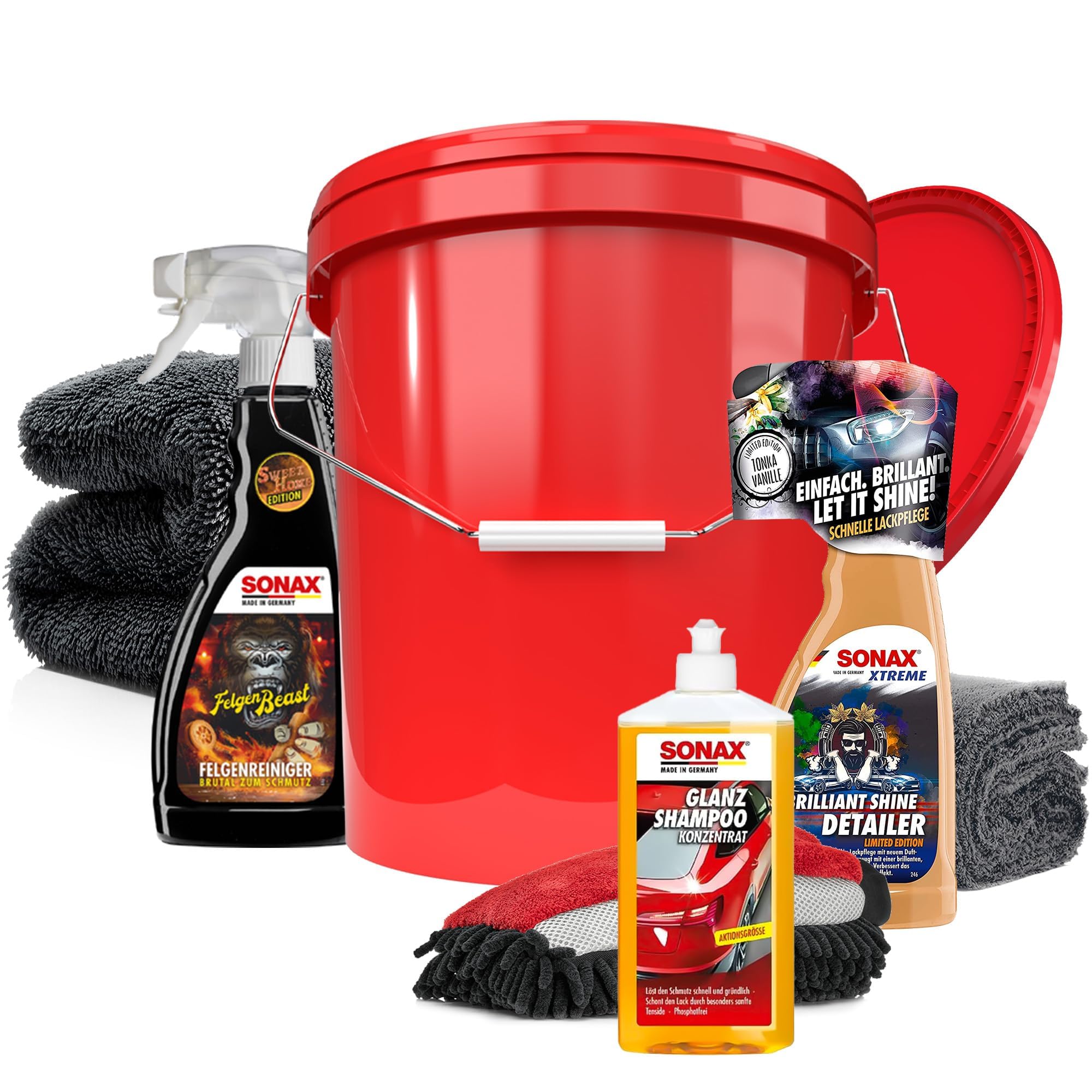 Autowäsche Set - SONAX: Autoshampoo, Felgenbeast Felgenreiniger, Brilliant Shine Detailer - Detailmate: Trockentuch, Waschhandschuh, Wascheimer mit Deckel - Autoreinigungsset Aussen Deluxe Angebot bei HelloDeals