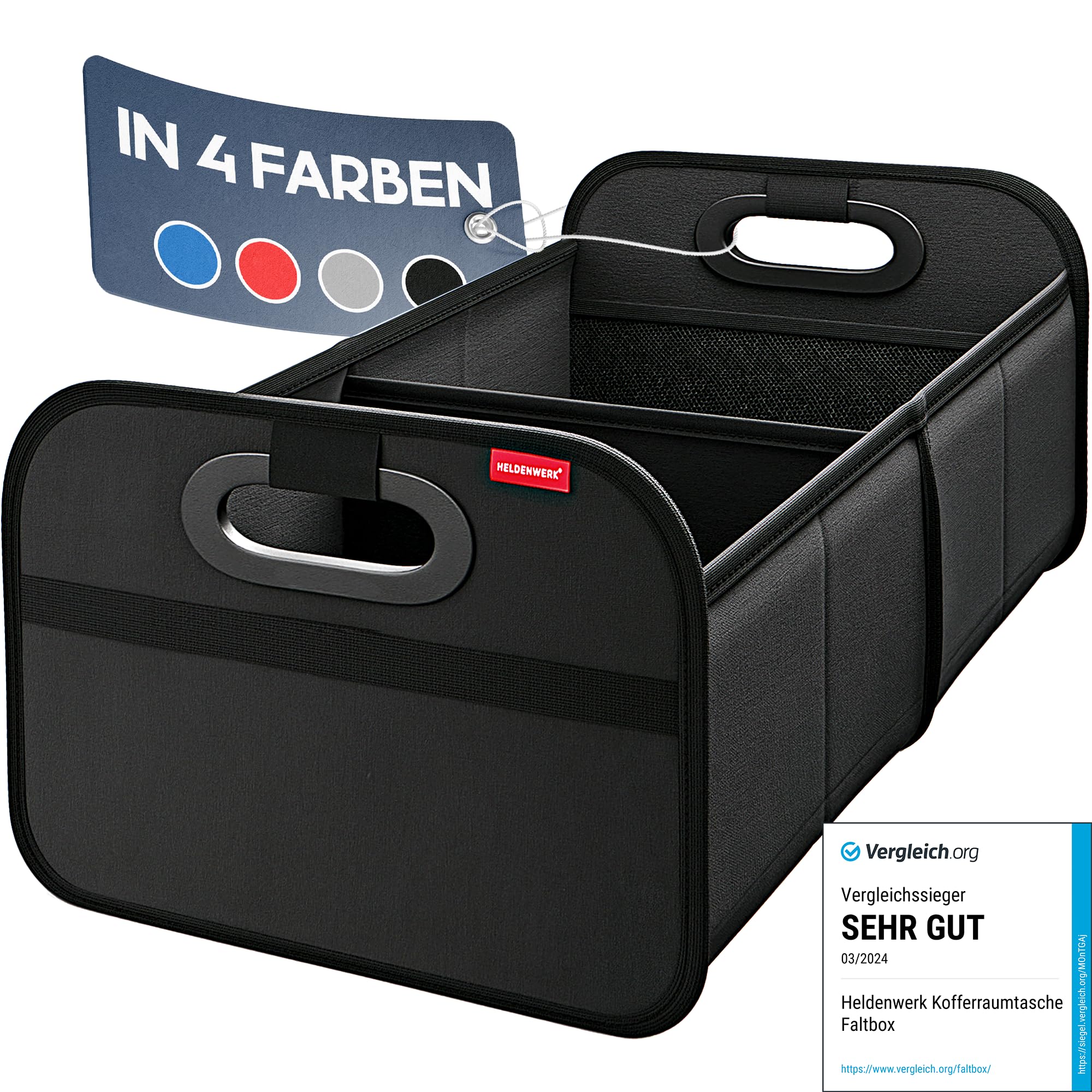 HELDENWERK Kofferraumtasche faltbar mit Anti-Rutsch-Klett - Kofferraum-Organizer, Auto Faltbox, Einkaufstasche - verstärkt und stabil Schwarz Angebot bei HelloDeals