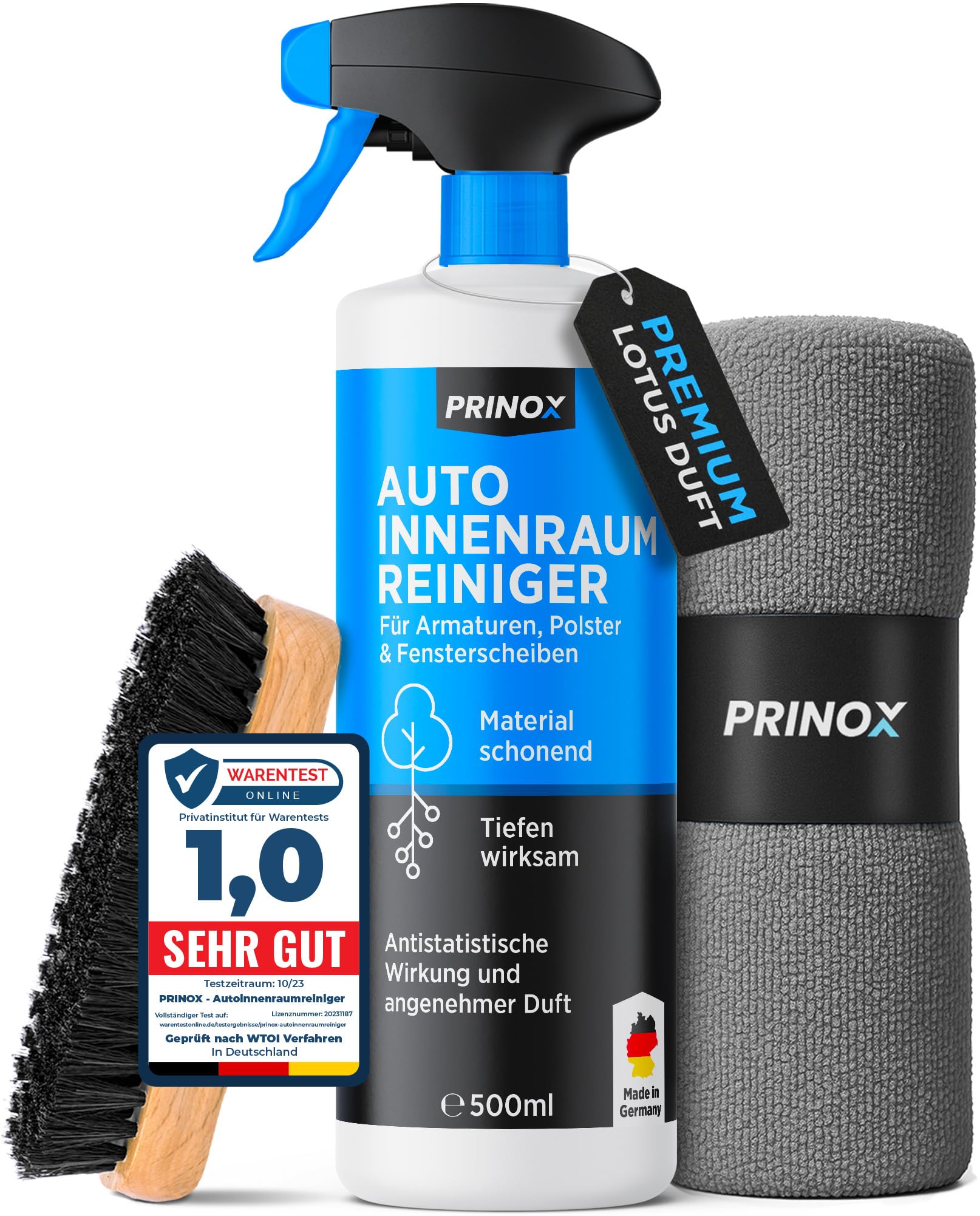 PRINOX Profi Auto Innenraum Reiniger Set 500ml - Cockpitpflege für die Innen Reinigung von Kunststoff, Polster, Leder & Armaturen - Autopflege Innenraumreiniger mit Bürste - Cockpit Reiniger Reiniger Set 1 x 580ml (Bürste + Mikrofasertücher) Angebot bei HelloDeals