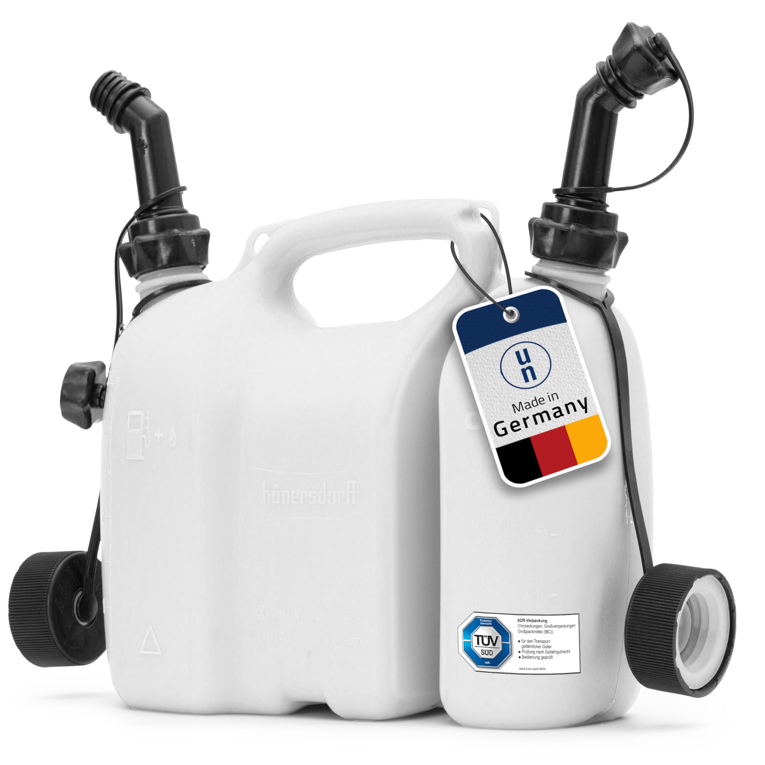 hünersdorff Doppelkanister/Kombikanister für Kraftstoff und Öl mit 2 Ablaufschläuchen, 3+1,5 Liter, UN-Zulassung, Made in Germany, Weiß, natur ohne Zubehör Natur (off-white or cream with a slight yellowish tint) 3 + 1,5 Ll Angebot bei HelloDeals