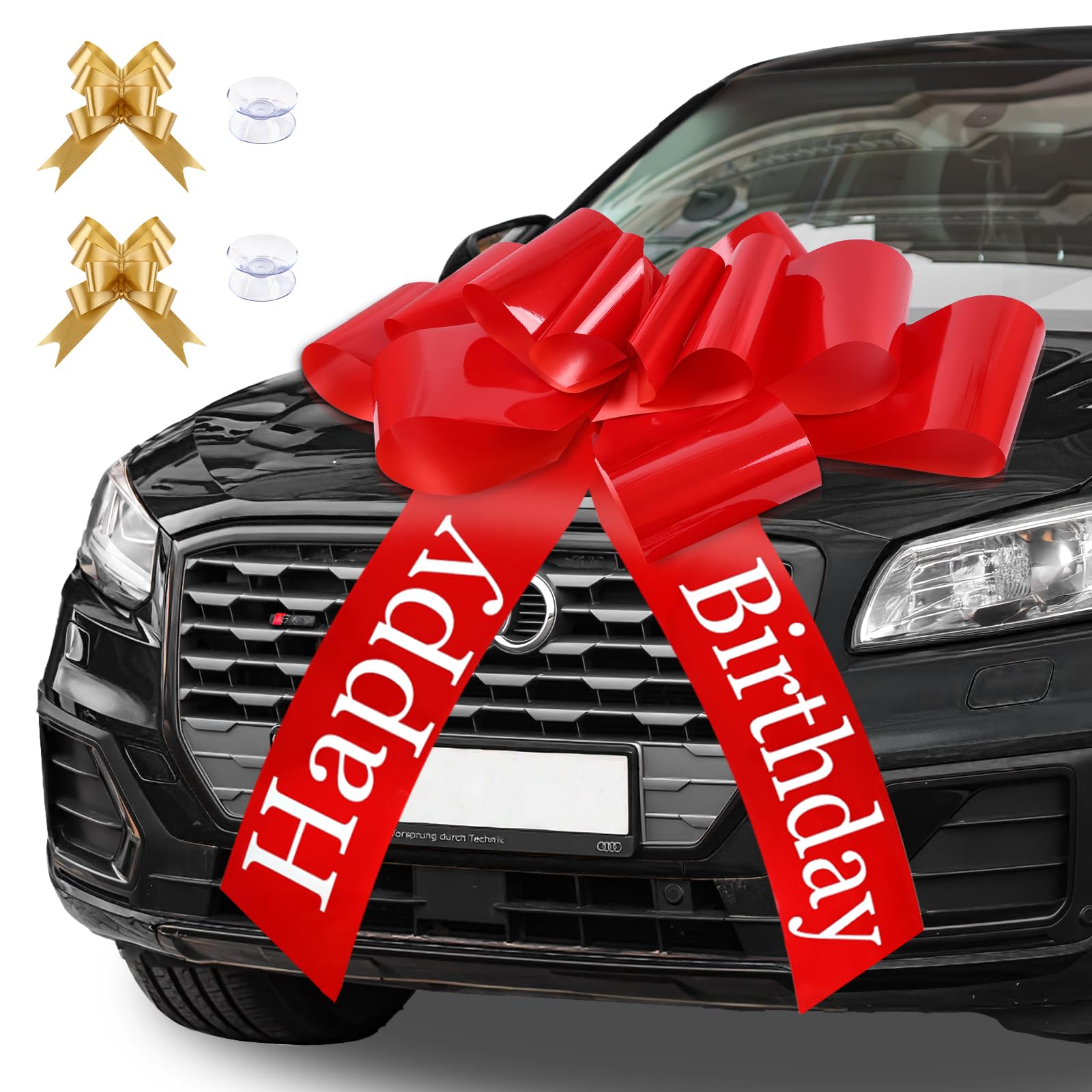 Tikplus Große Schleife für Auto 30 inch, Geschenkschleife Groß 76 x 80 cm, Rote Schleife Groß, Riesige Autoschleife mit Gold Kleine Schleifen und Saugnapf für Auto Deko Happy Birthday 18 Geburtstag Angebot bei HelloDeals