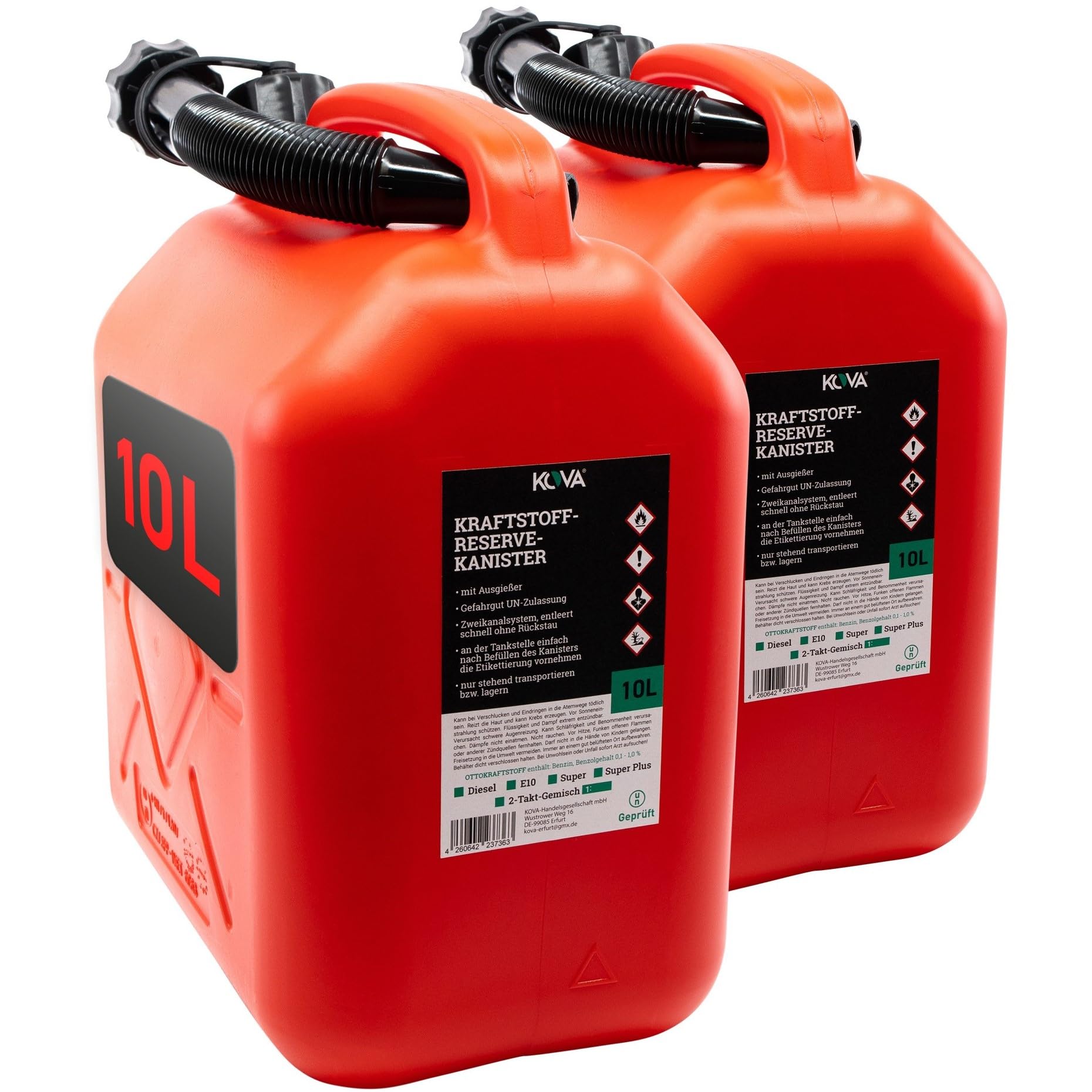KOVA® 2x Benzinkanister 10L ROT Dieselkanister Reservekanister Kraftstoffkanister 10 Liter Wasserkanister für Benzin Diesel Wasser AdBlue, Auswahl: 5 20 20L ltr 5L 10-Liter-Kanister & Außgießer 2x 10L rot Angebot bei HelloDeals