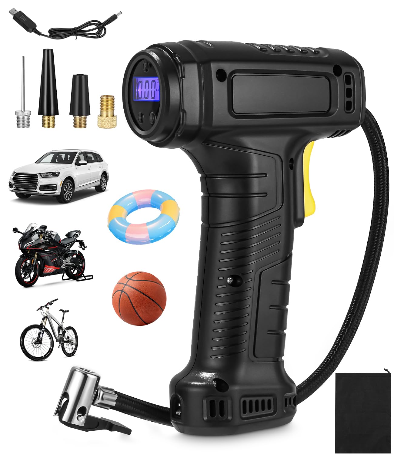 Elektrische Luftpumpe, Autoreifen pumpe mit Digitalanzeige,Notlicht,150PSI Elektrischer Kompressor,USB-C wiederaufladbar,elektrische fahrradpumpe,Elektrische pumpe für Auto,Motorrad,Fahrräder,Bälle Angebot bei HelloDeals