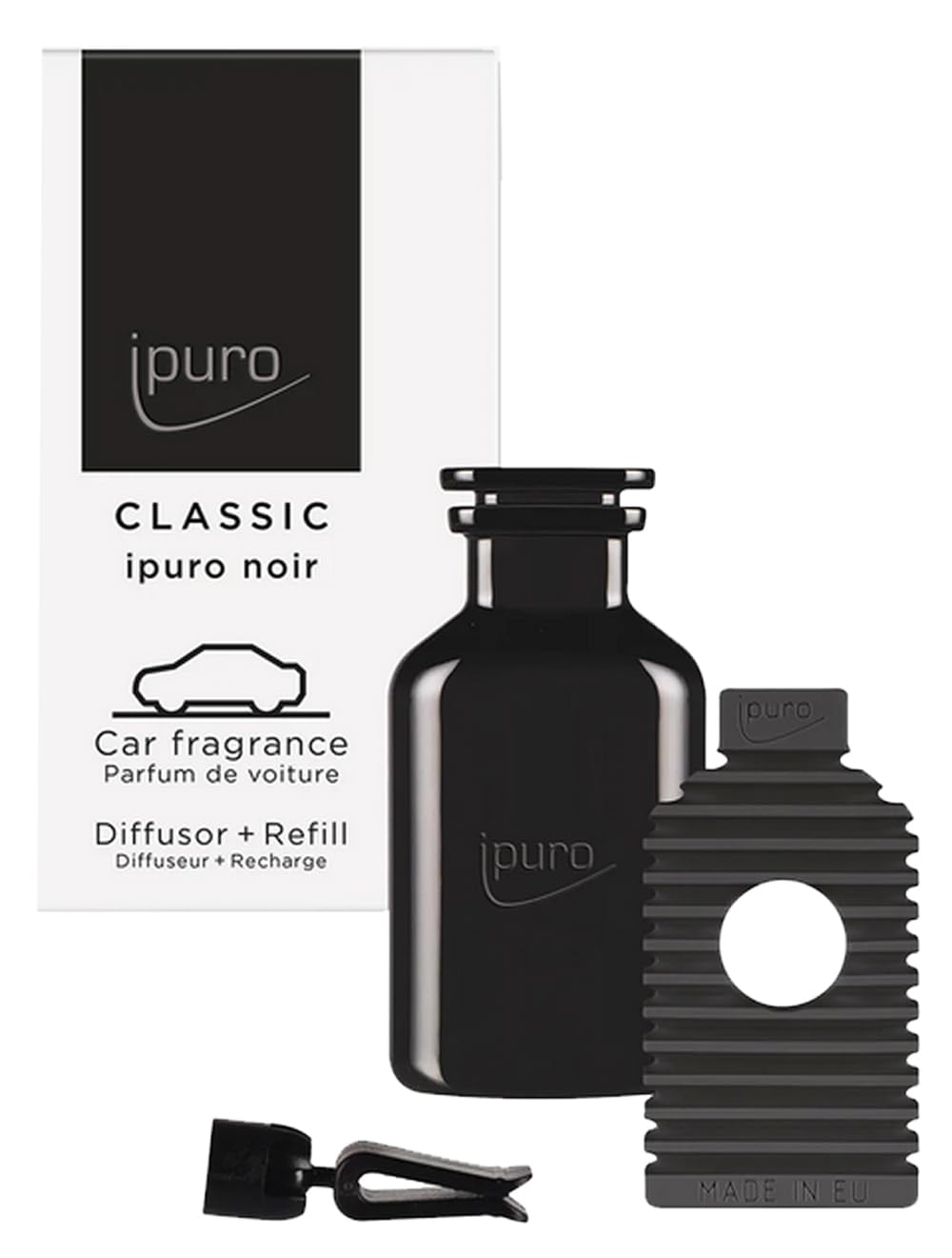 ipuro Classic Autoduft Clip Set - Autostecker Schwarz + Noir Refill - Autodiffusor für Lüftungsschlitze wiederverwendbar & austauschbar, Orientalischer Duft Eukalyptus Patschuli Sandelholz & Kokosnuss Angebot bei HelloDeals
