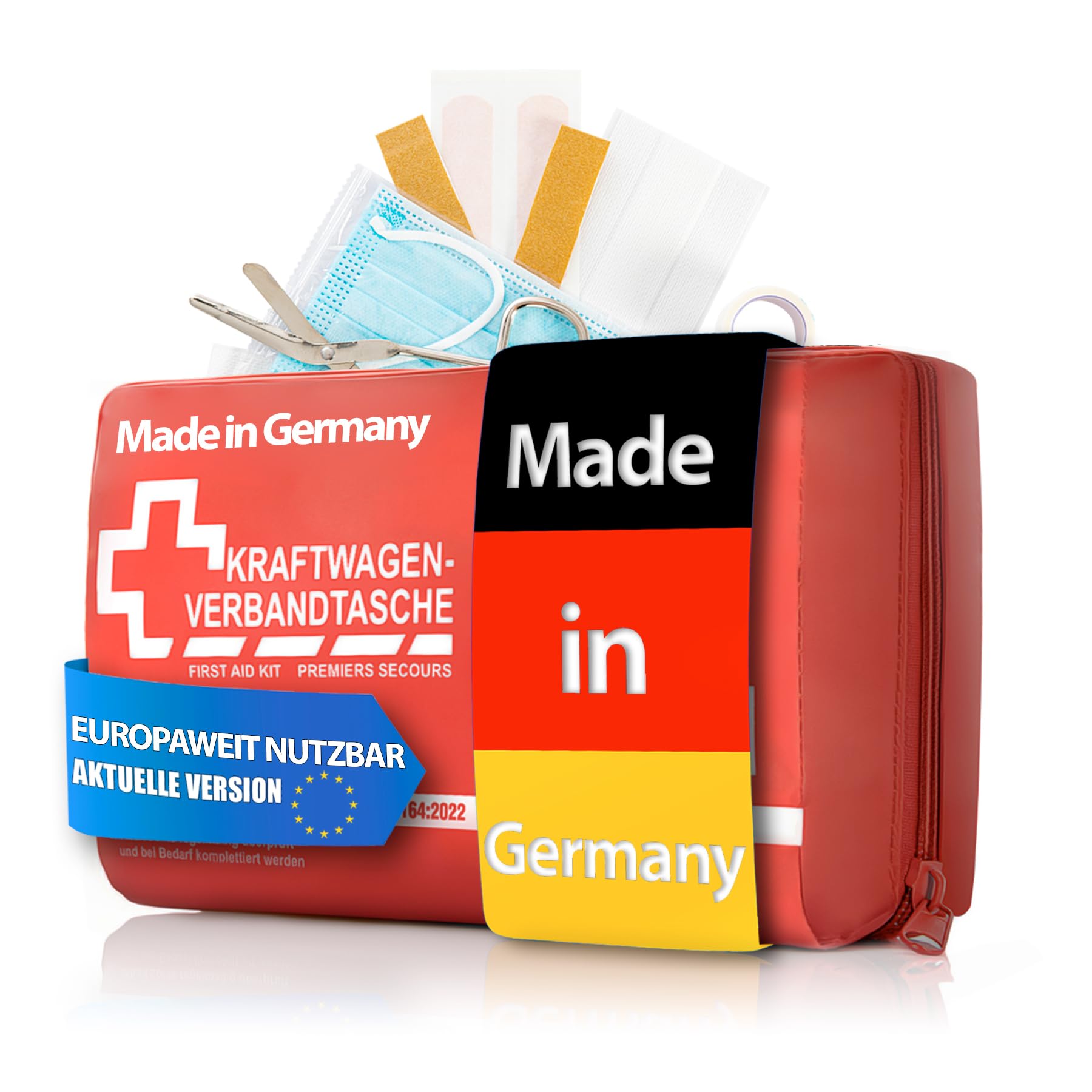 BigDean KFZ Verbandstasche 2025 "MADE IN GERMANY" Verbandskasten nach aktueller Norm – Erste Hilfe Set Auto europaweit nutzbar – DIN 13164:2022 (StVO konform) Rot 1 Stück Angebot bei HelloDeals