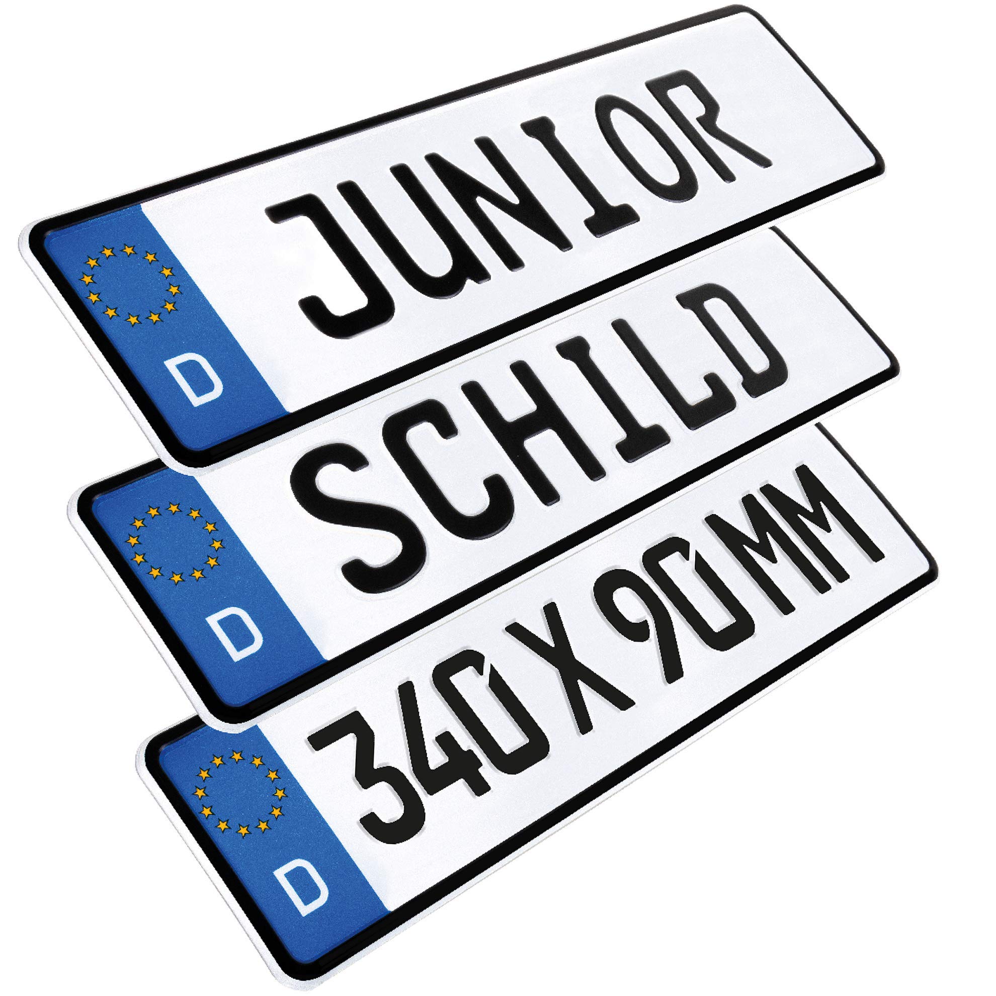 L & P Car Design 1 Stück Kennzeichen Junior-Schild 34cm x 9cm Farbwahl Bohrung Wunschtext Wunschkennzeichen Wunschprägung Namensschild Bobbycar Kettcar Fun Schild Angebot bei HelloDeals