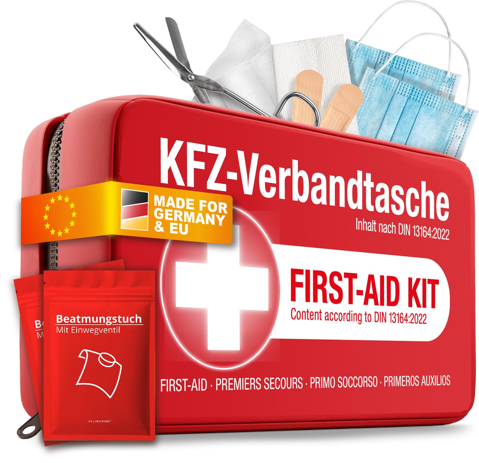 KFZ Verbandstasche nach aktueller Norm 2025 inkl. Beatmungstüchern - Auto Verbandskasten europaweit nutzbar - Erste Hilfe Set neue Norm DIN 13164:2022 (StVO konform) Angebot bei HelloDeals