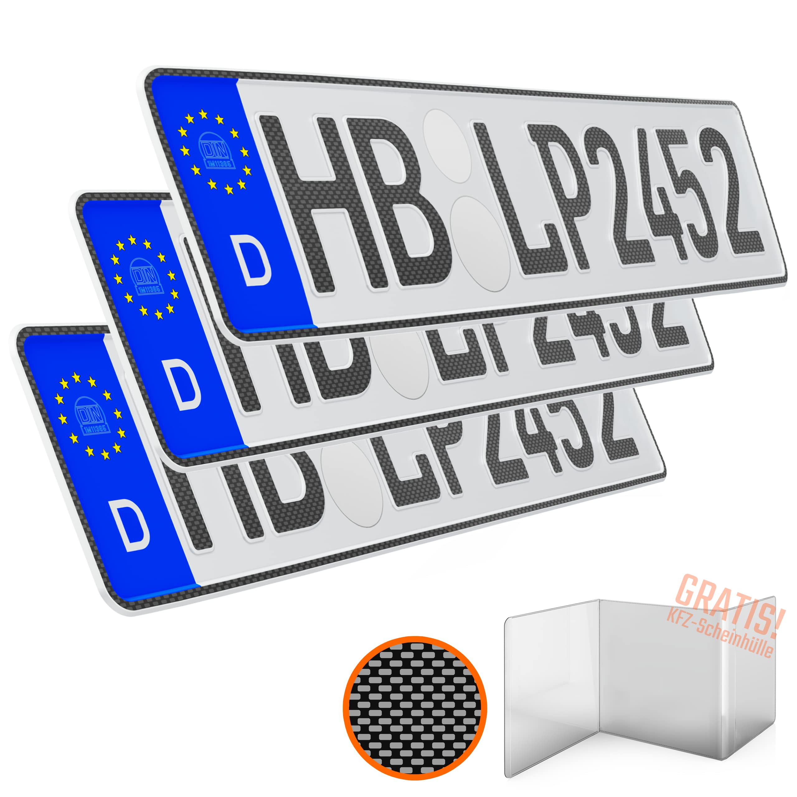 KFZ Kennzeichen 3 Stück 52cm x 11cm in Carbon Optik Nummernschild 520mm x 110mm Wunschkennzeichen Auto DIN Autokennzeichen Fahrradträger Anhänger LKW Wunschprägung amtliches Autoschild Angebot bei HelloDeals