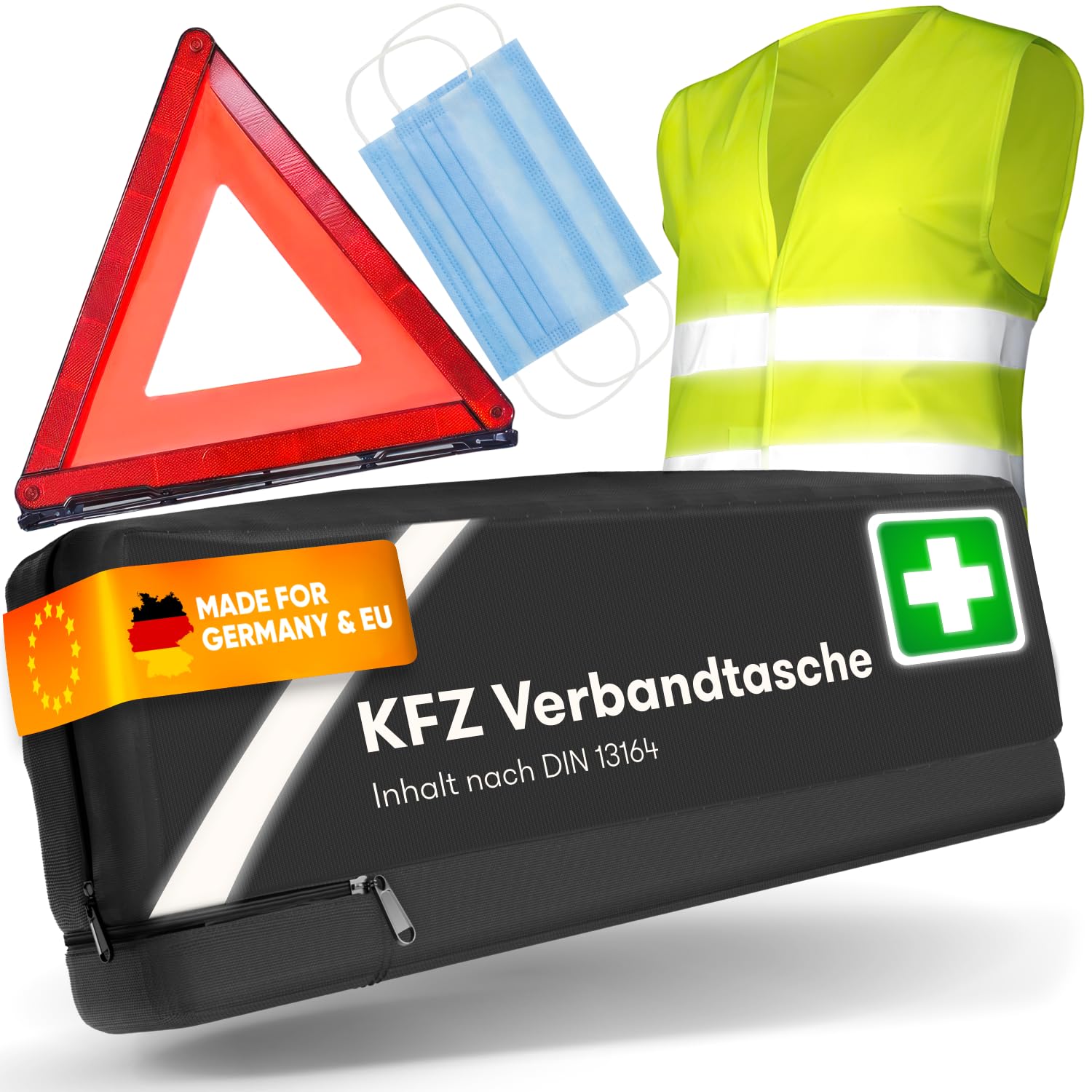 PURAHELP® KFZ Erste Hilfe Set Kombitasche schwarz inkl. Warndreieck & Warnweste [DIN 13164] - Auto Erste Hilfe Kit mit Verbandstasche - StVO Konform für 2025 - PKW Verbandskasten Angebot bei HelloDeals