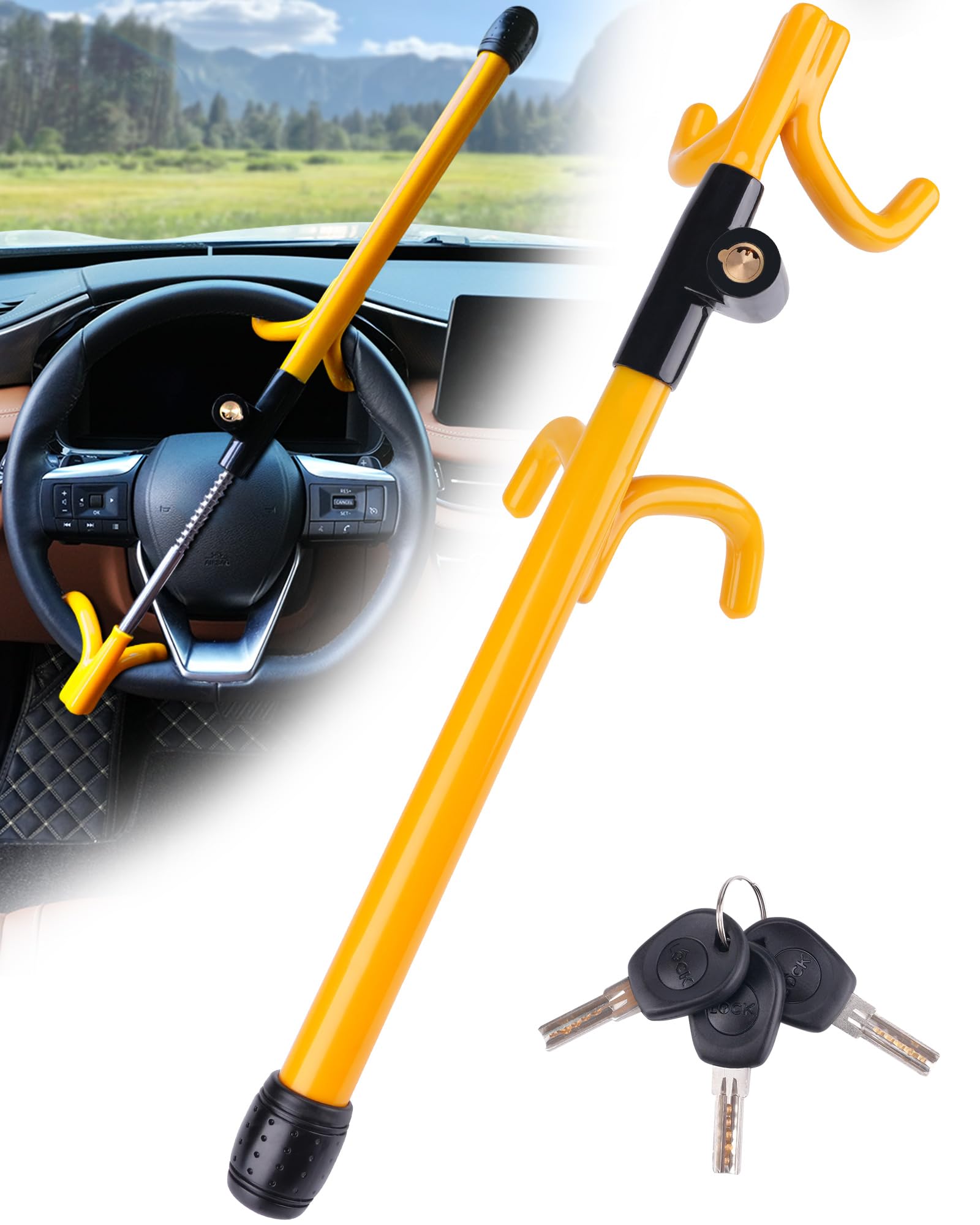 Tevlaphee 4-Haken Lenkradkralle, Schweres Lenkradschloss mit hoher Sichtbarkeit, Universelle Diebstahlsicherung für Autos, Transporter, SUVs, Passend für Lenkräder bis 41,5 cm, 3 Schlüssel(Gelb) Angebot bei HelloDeals