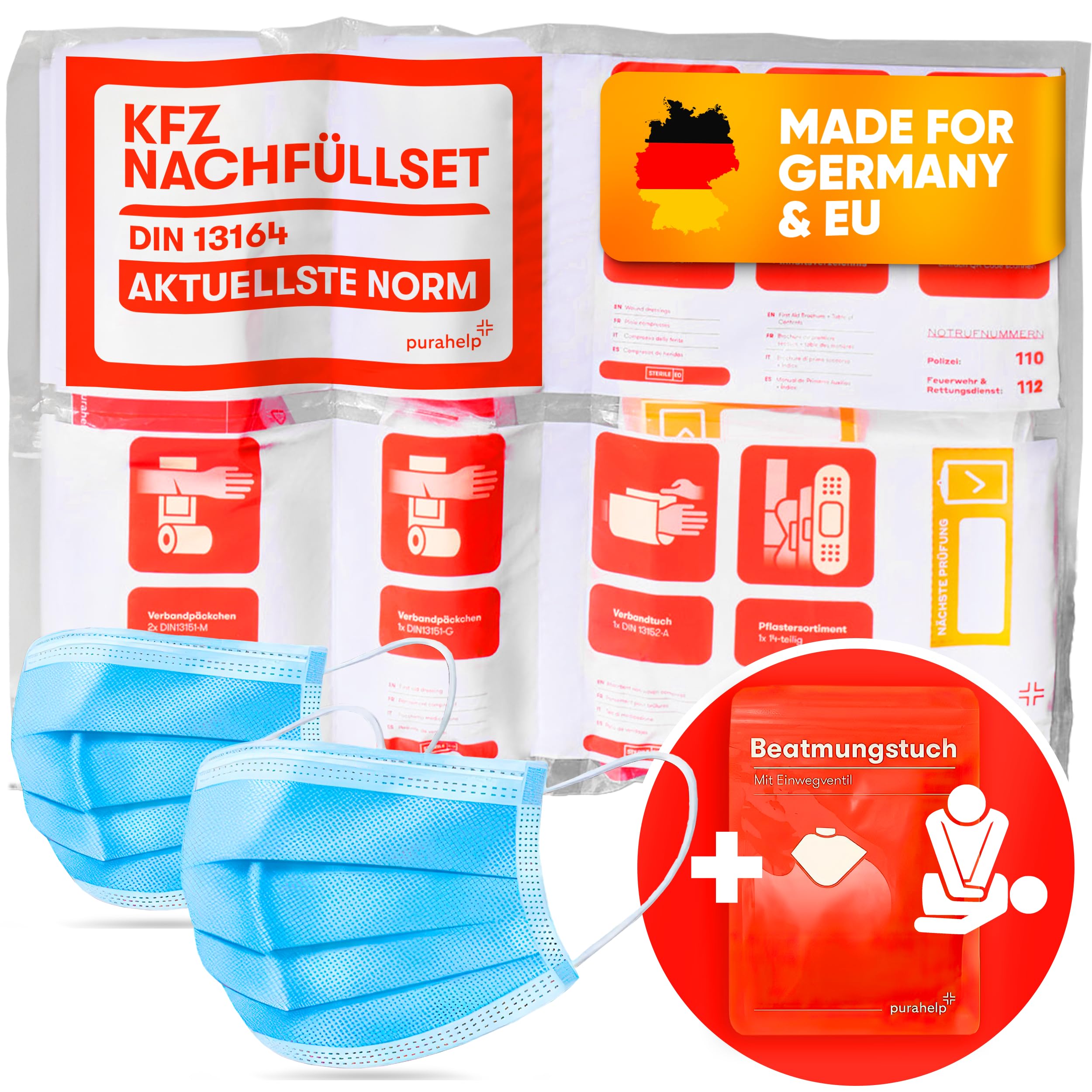 PURAHELP® KFZ Erste Hilfe Nachfüllset inkl. Beatmungstuch [DIN 13164] - Nachfüllset für Auto Verbandkasten 2025 Konform - Set zum Auffüllen der Verbandstasche für PKW - Car First Aid Kit Nachfüllung Angebot bei HelloDeals
