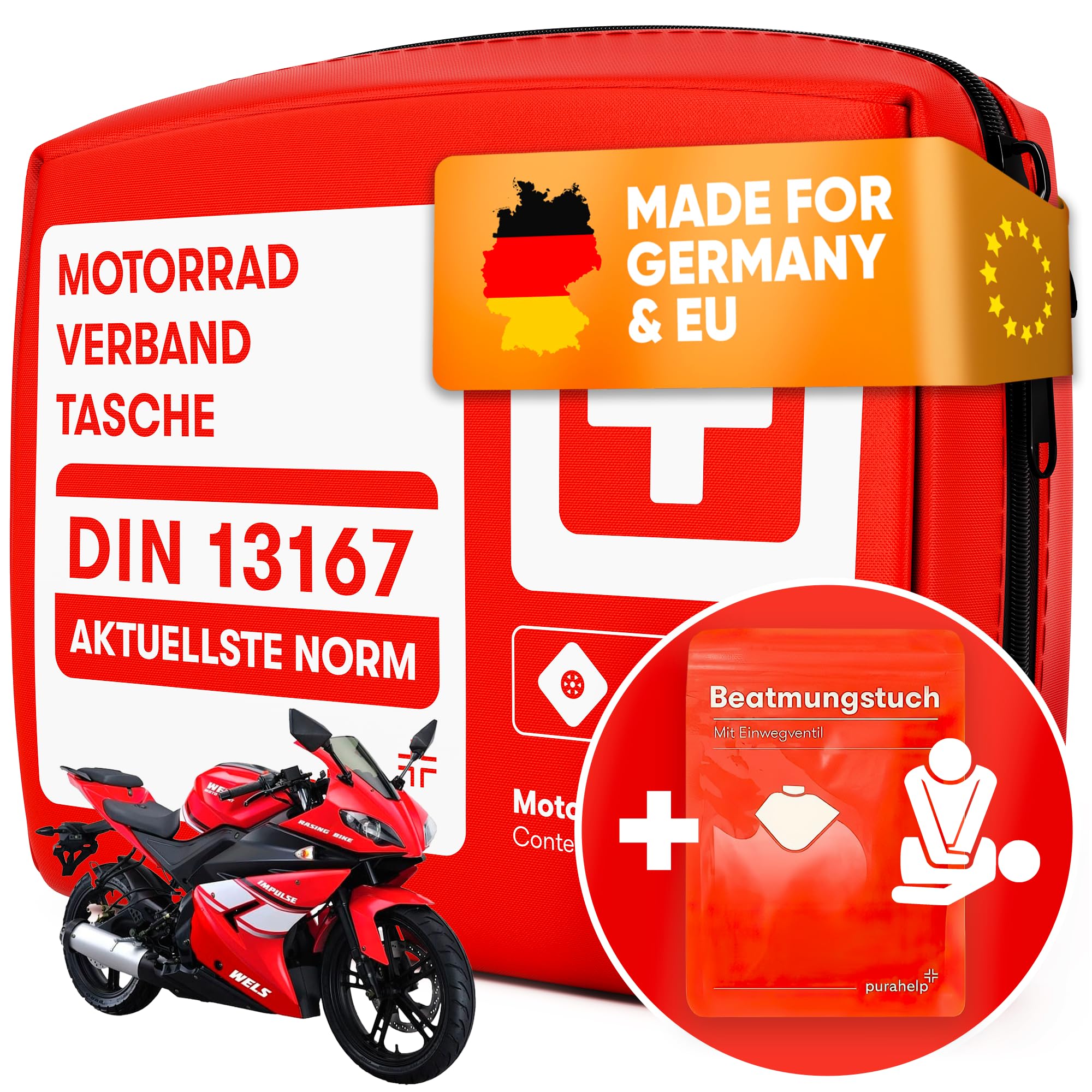 PURAHELP Motorrad Verbandskasten nach aktueller Norm 2025 DIN 13167 (StVO konform) - Inkl. Beatmungstuch - Motorrad Erste Hilfe Set 2025 Mini Klein Motorradtasche + Beatmungstuch Angebot bei HelloDeals