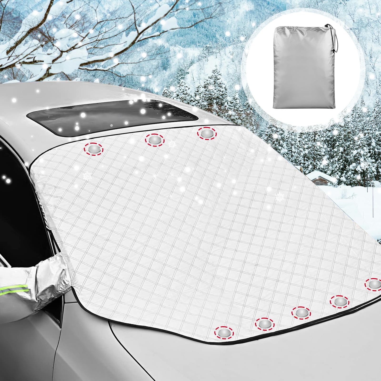 Pizsieat Autoscheibenabdeckung Winter,Frontscheibenabdeckung Auto Magnetisch, Windschutzscheibenabdeckung Ultra-Dicke Aluminiumfolie Eisschutz mit Rückspiegel Abdeckplane für Die Meisten Autos & SUV Angebot bei HelloDeals