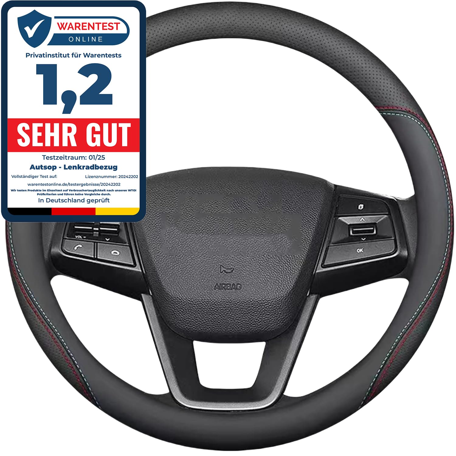 Autsop Lenkradbezug Auto Schwarz Nappa Leder,Rote und Blaue Linien Lenkradbezug Universal Größe 14.5-15 Zoll (37-39cm) Lenkradhülle für Sommer & Winter Auto Zubehör Interieur Schwarz (rote und blaue Linien) Angebot bei HelloDeals